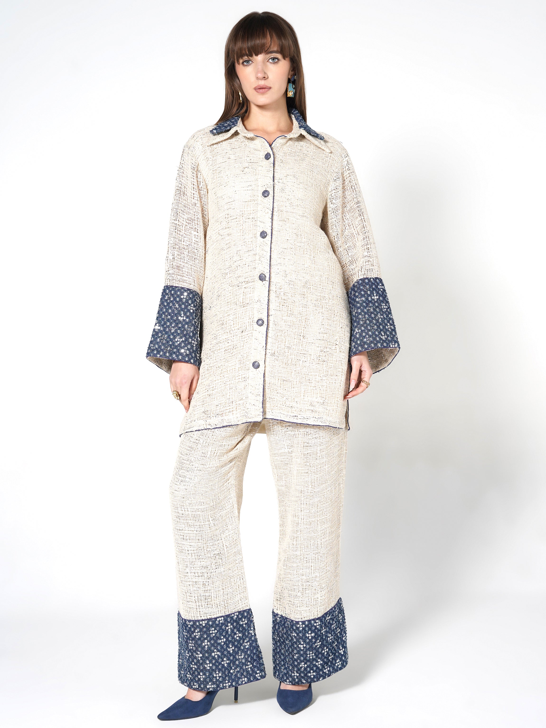 Cream & Blue Sequin-Embellished Jute Co-ord Set