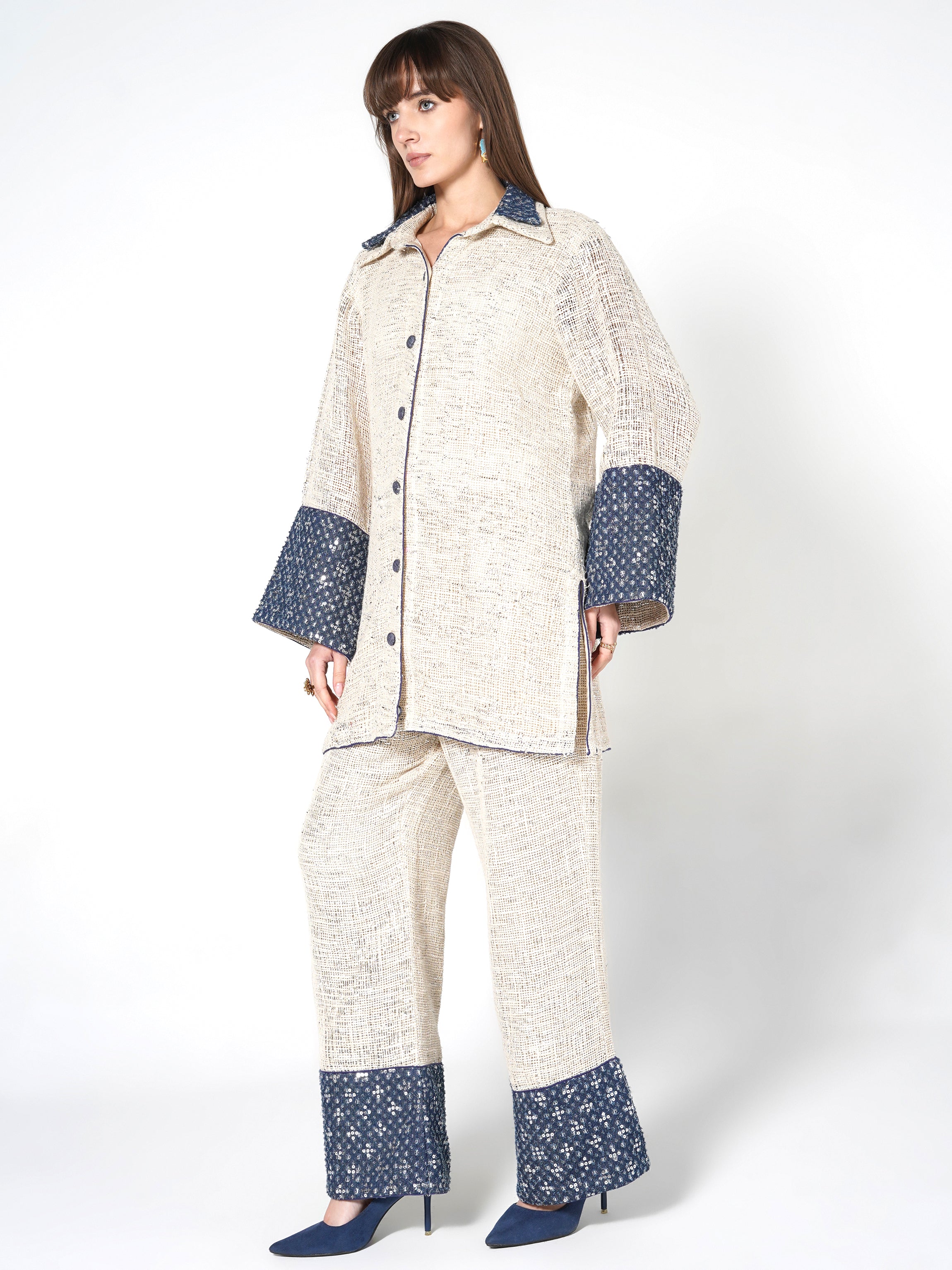Cream & Blue Sequin-Embellished Jute Co-ord Set