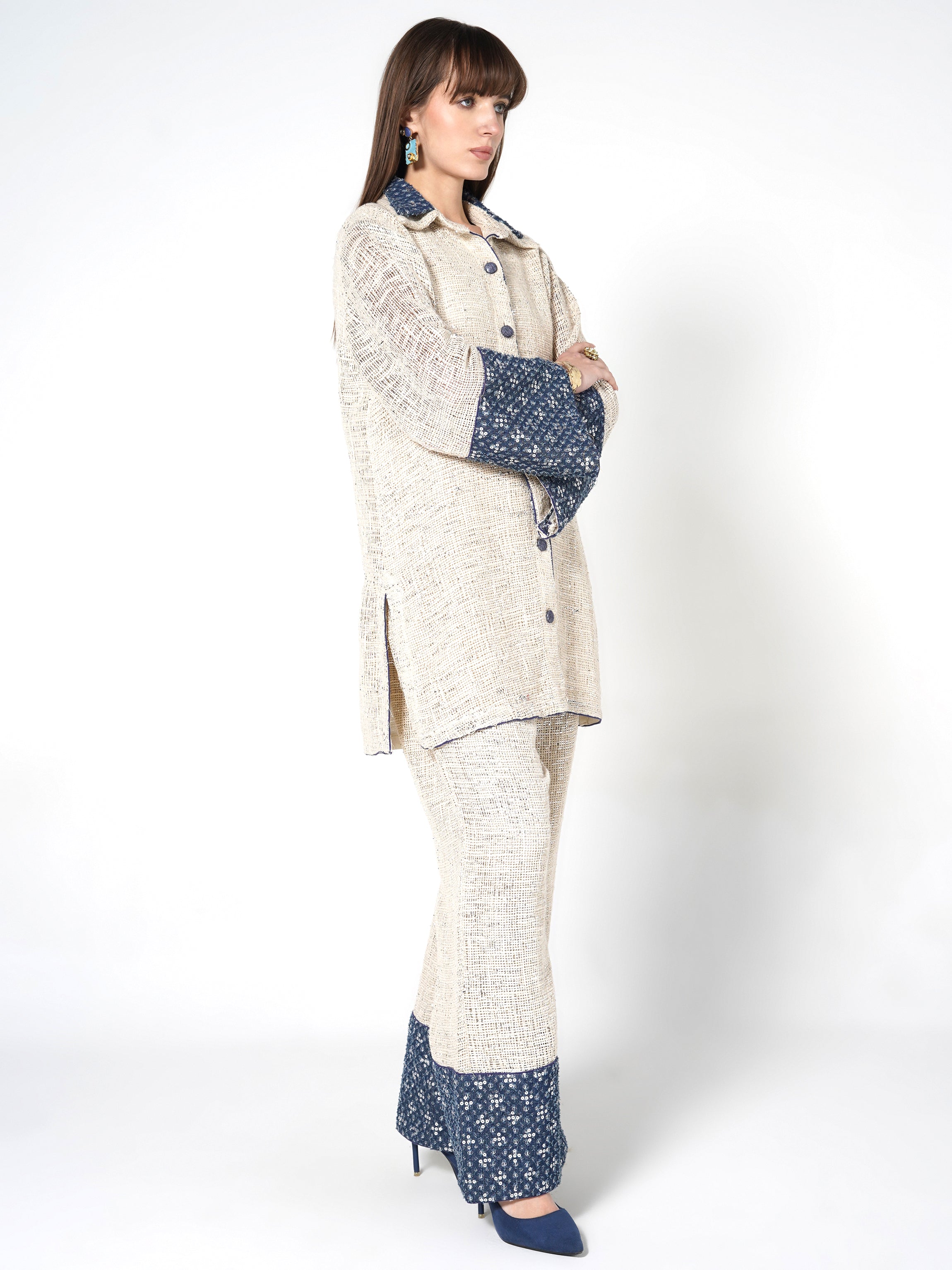 Cream & Blue Sequin-Embellished Jute Co-ord Set