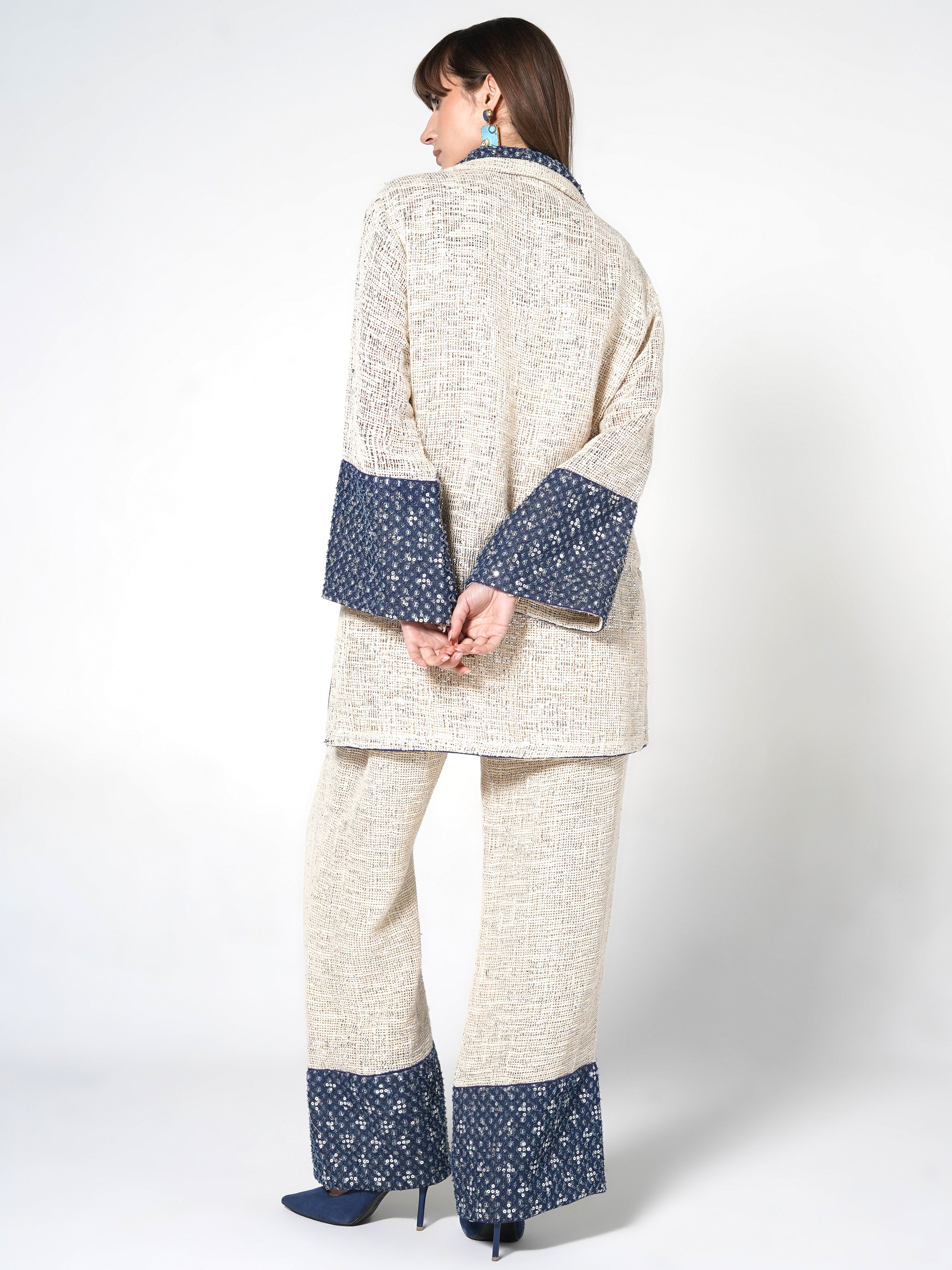Cream & Blue Sequin-Embellished Jute Co-ord Set