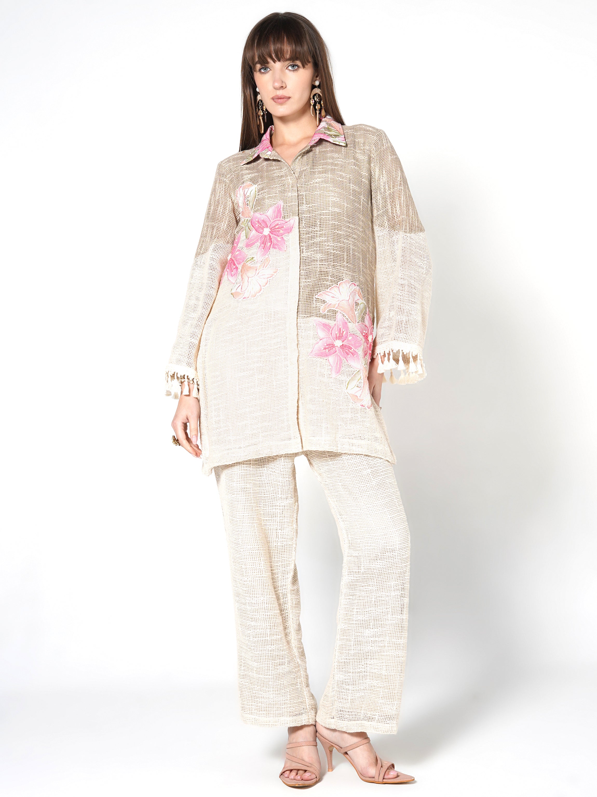 Natural Beige Embroidered Jute Co-ord Set