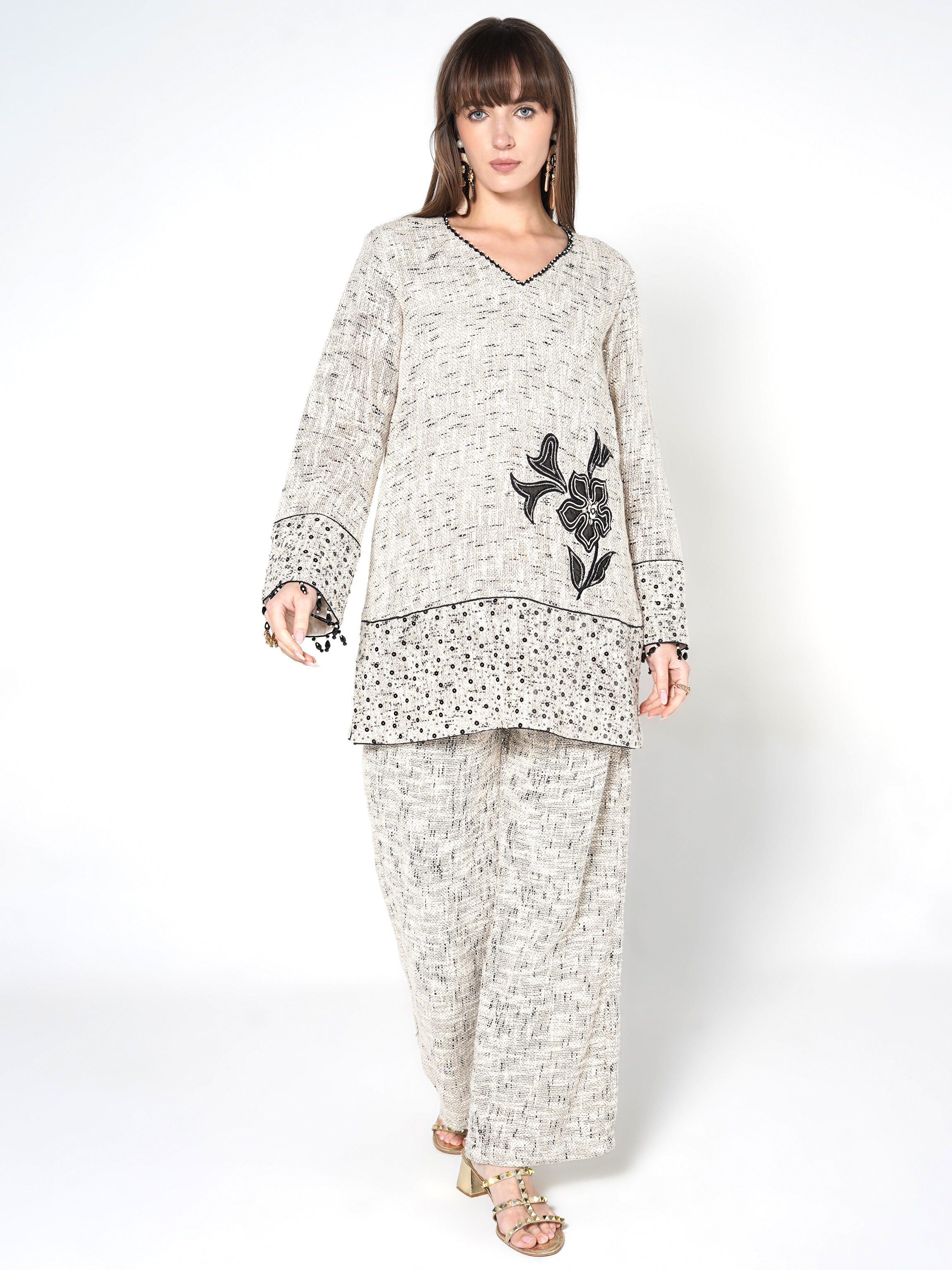 Heathered Cream & Black Floral Jute Co-ord Set