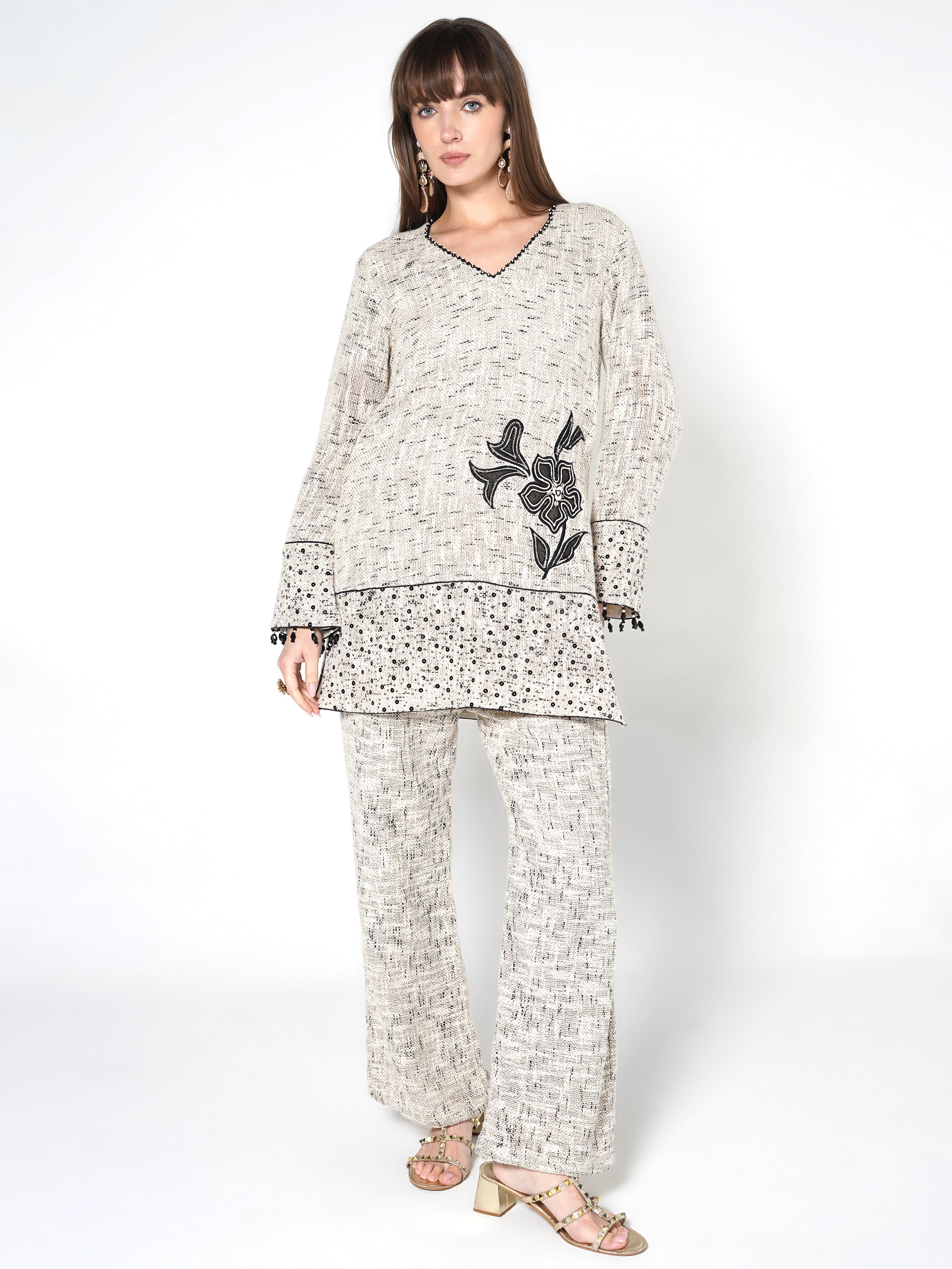 Heathered Cream & Black Floral Jute Co-ord Set