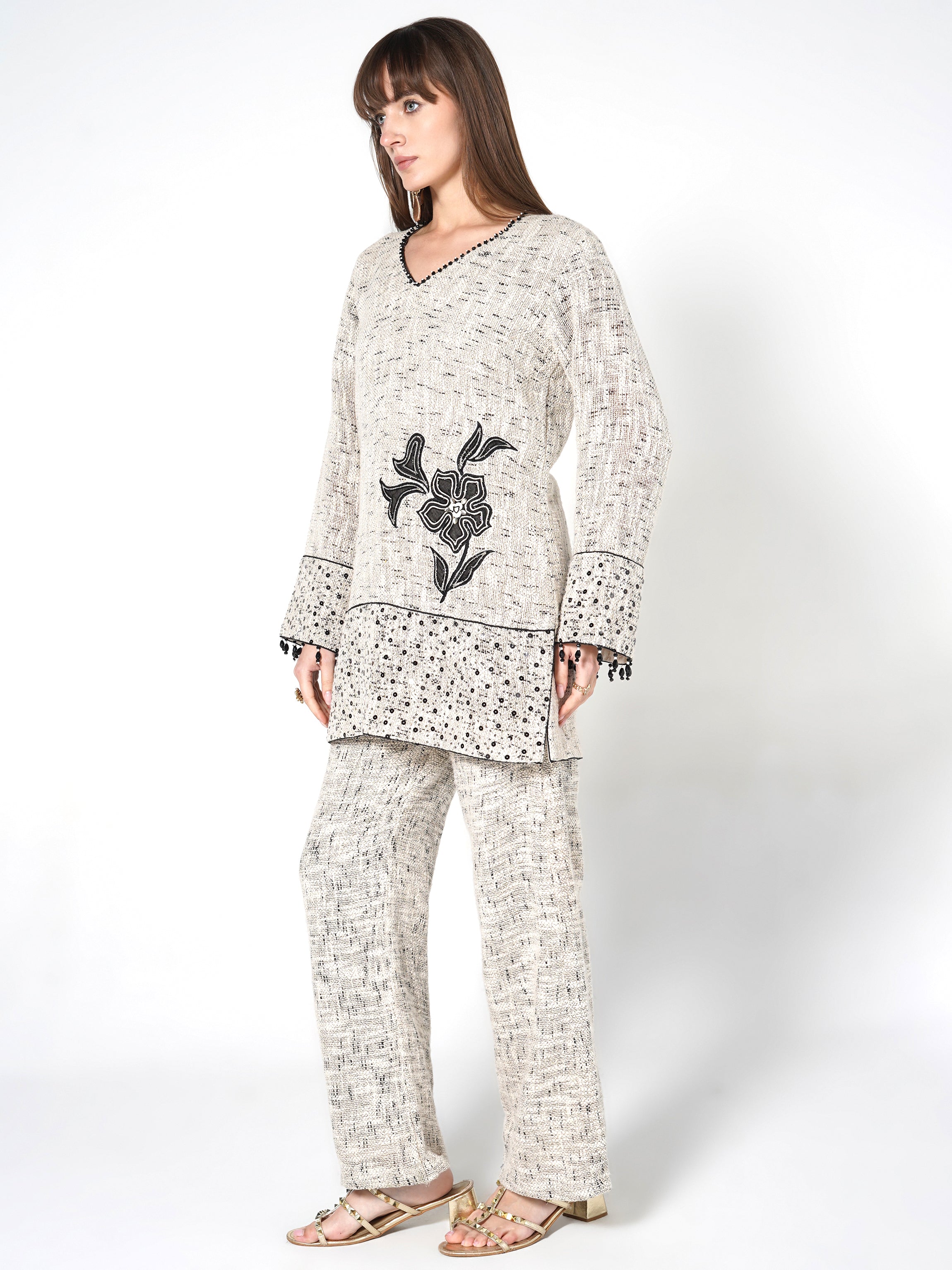 Heathered Cream & Black Floral Jute Co-ord Set