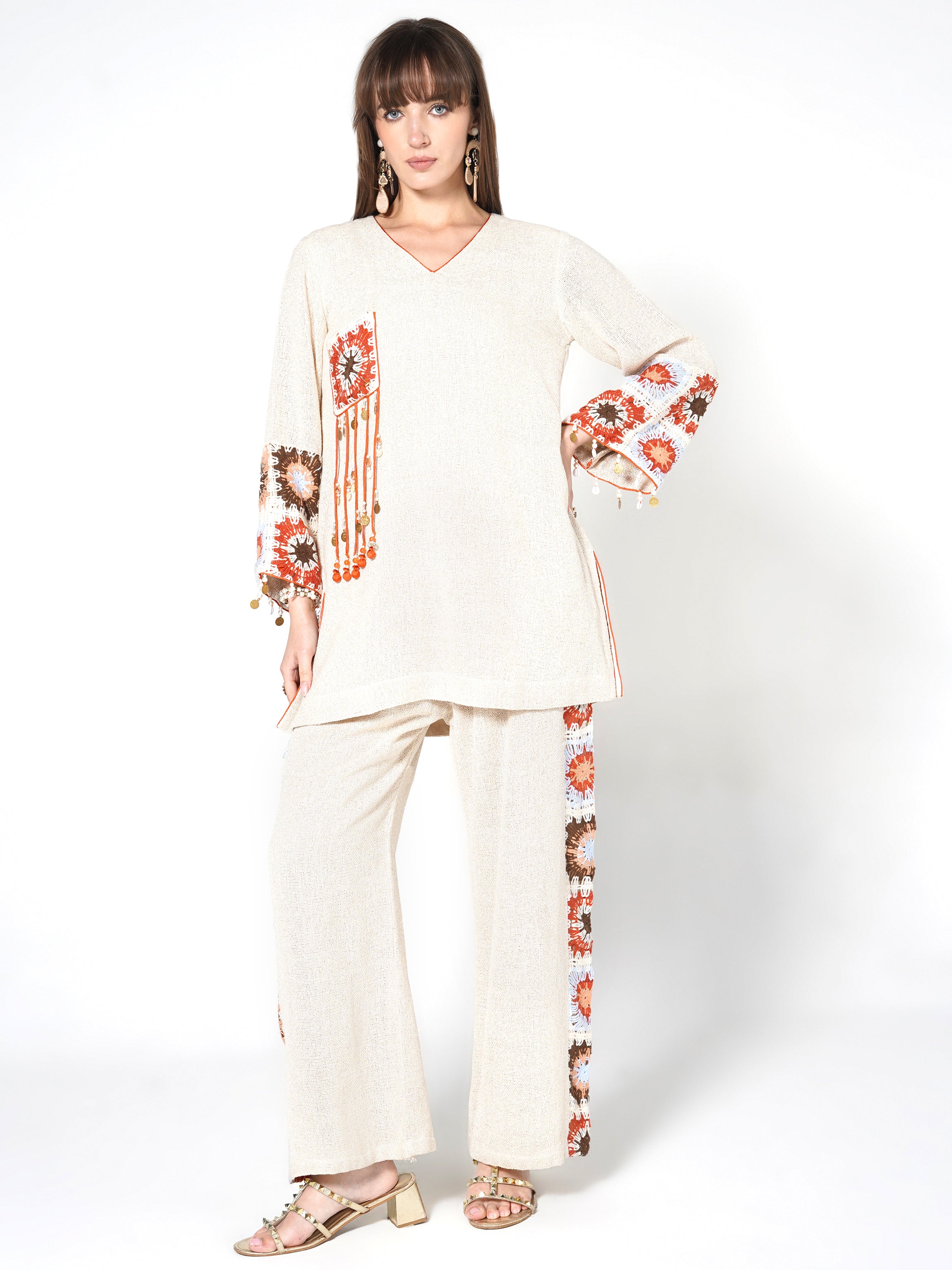 Neutral Beige Jute Bohemian Motif Co-ord Set