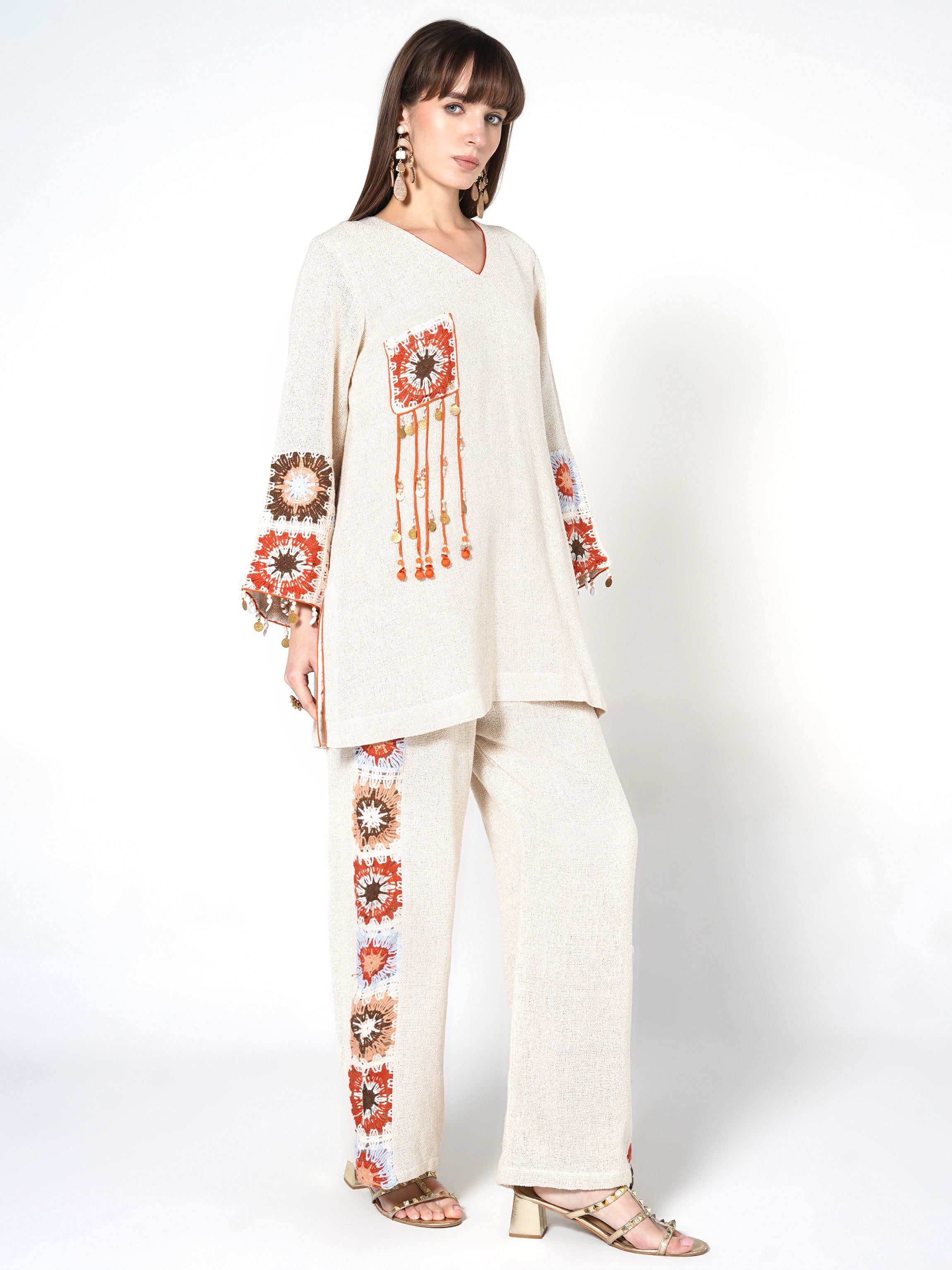 Neutral Beige Jute Bohemian Motif Co-ord Set