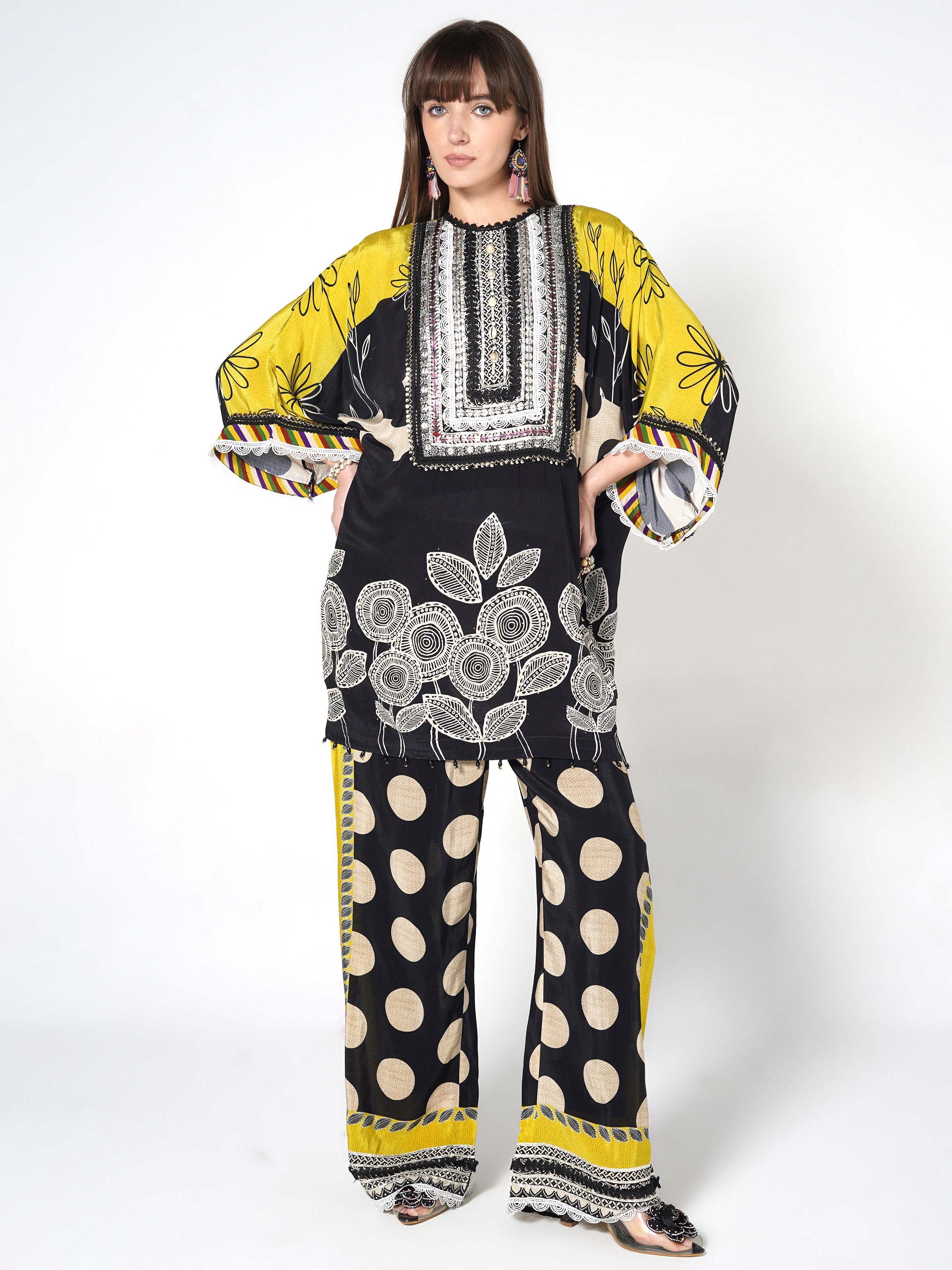 Yellow Black Printed Polka Crepe Silk Co-Ord Set