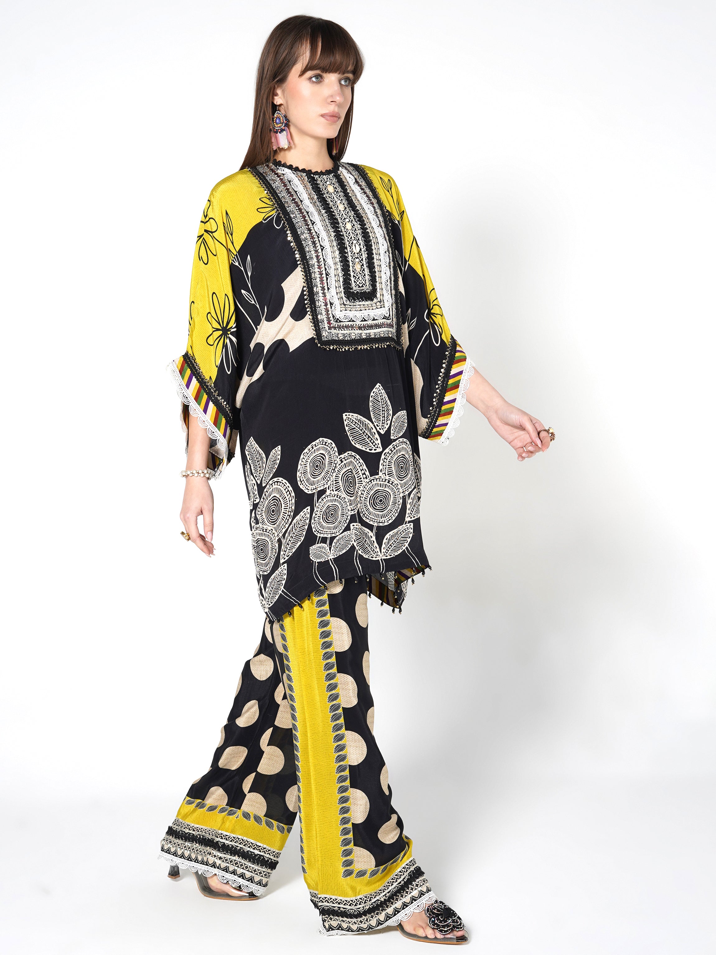 Yellow Black Printed Polka Crepe Silk Co-Ord Set