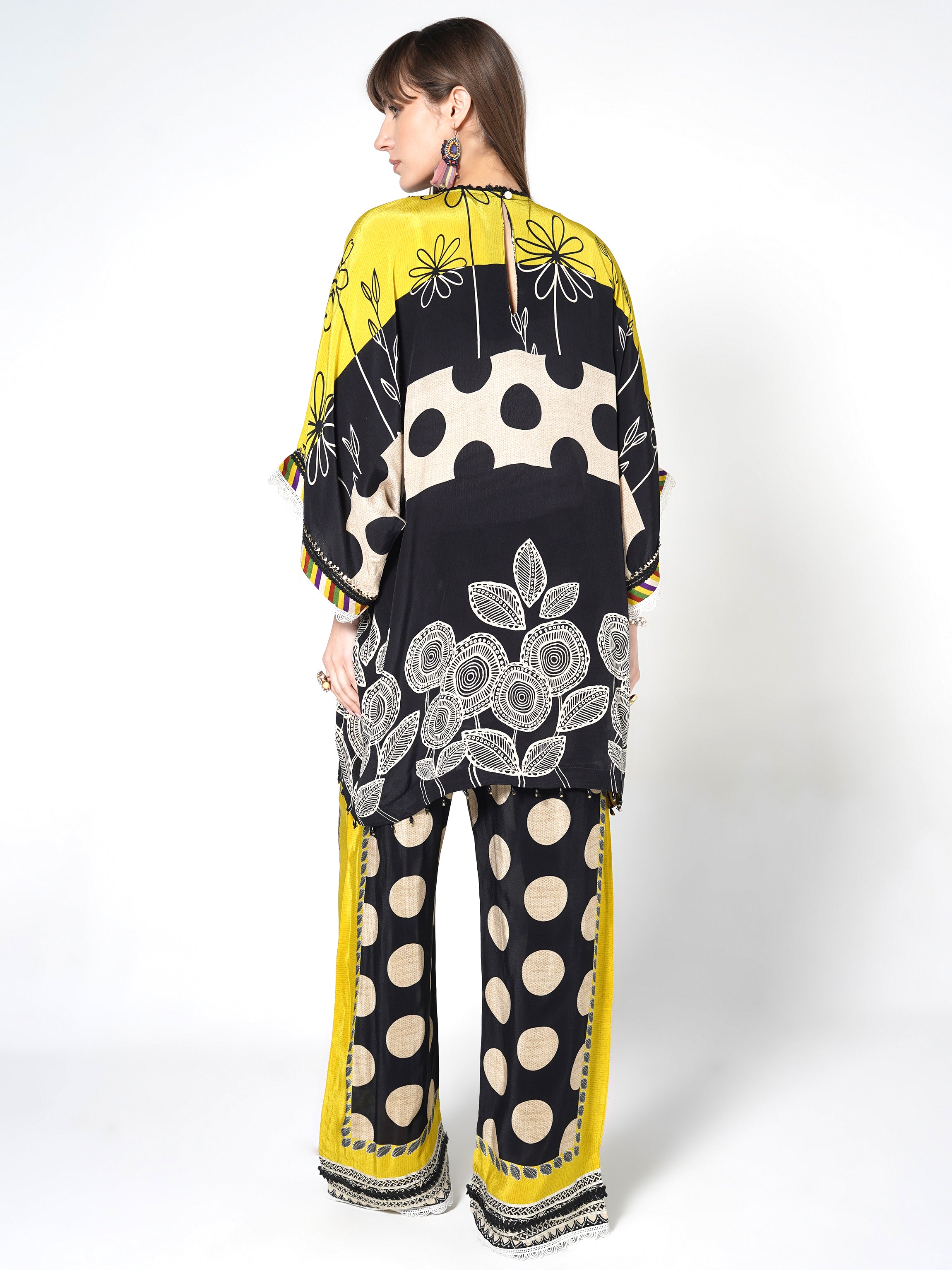 Yellow Black Printed Polka Crepe Silk Co-Ord Set