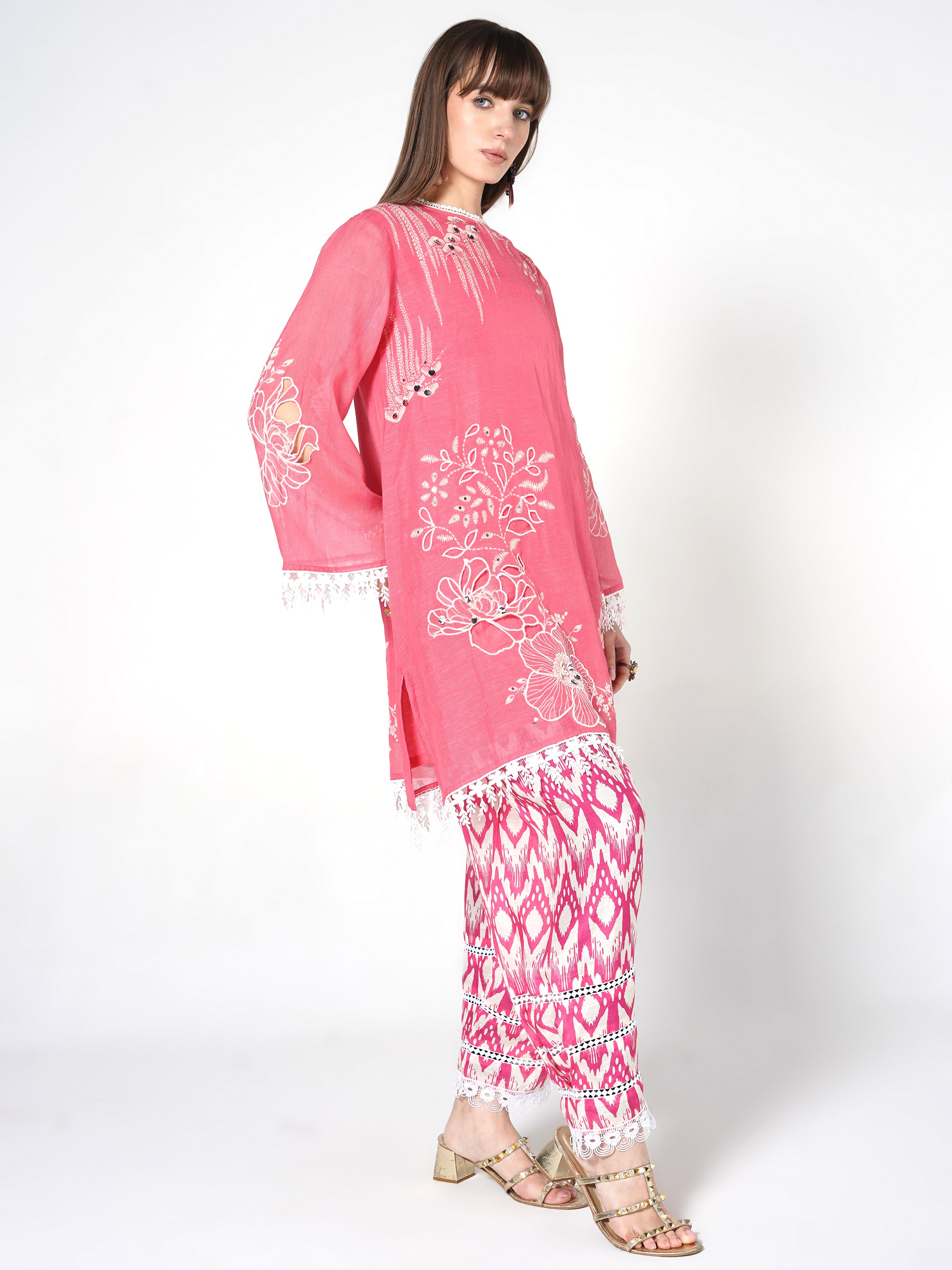 Rose Pink Printed Linen Silk Co-Ord Set