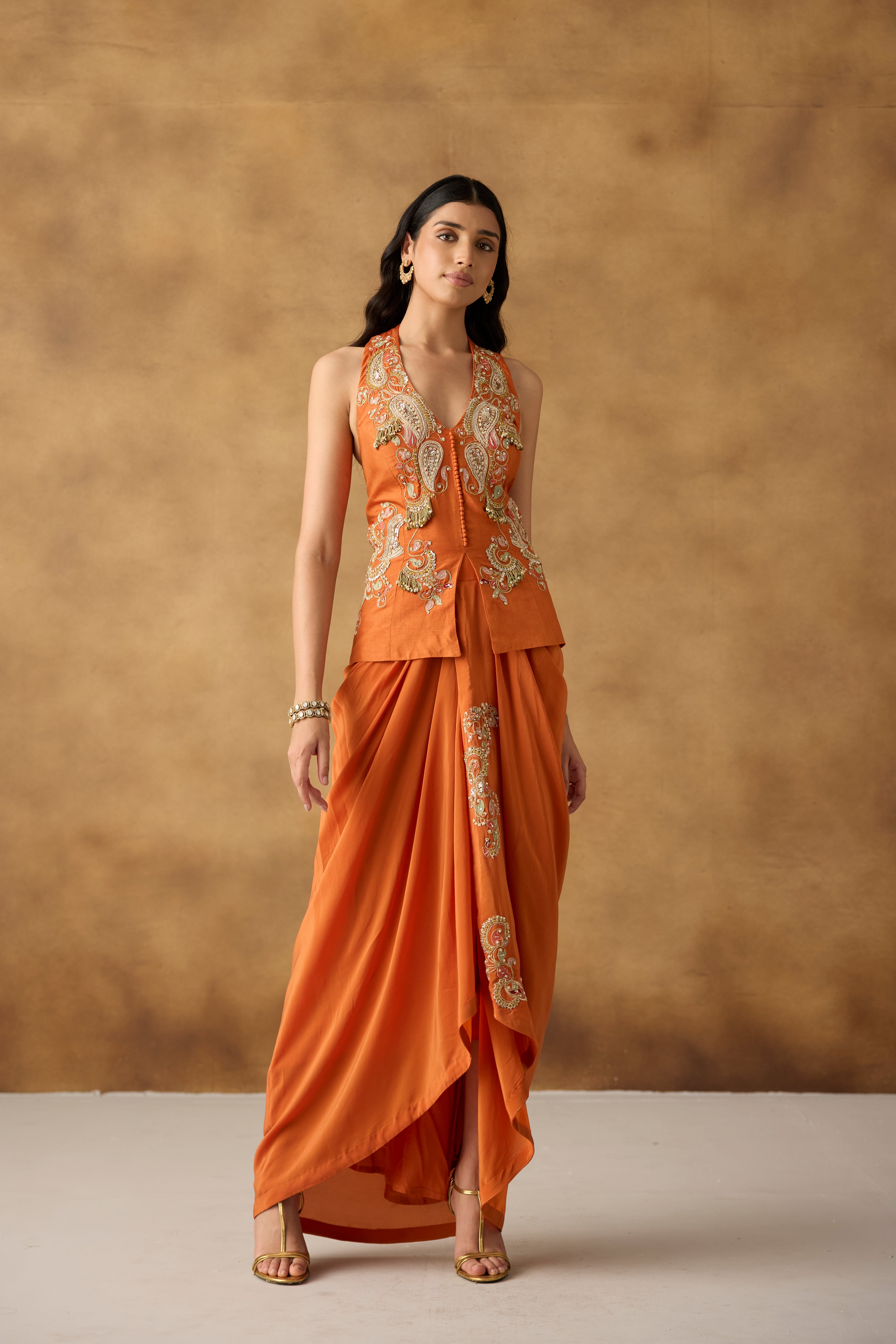 Vibrant Orange Embellished Crepe Satin Silk Skirt Set