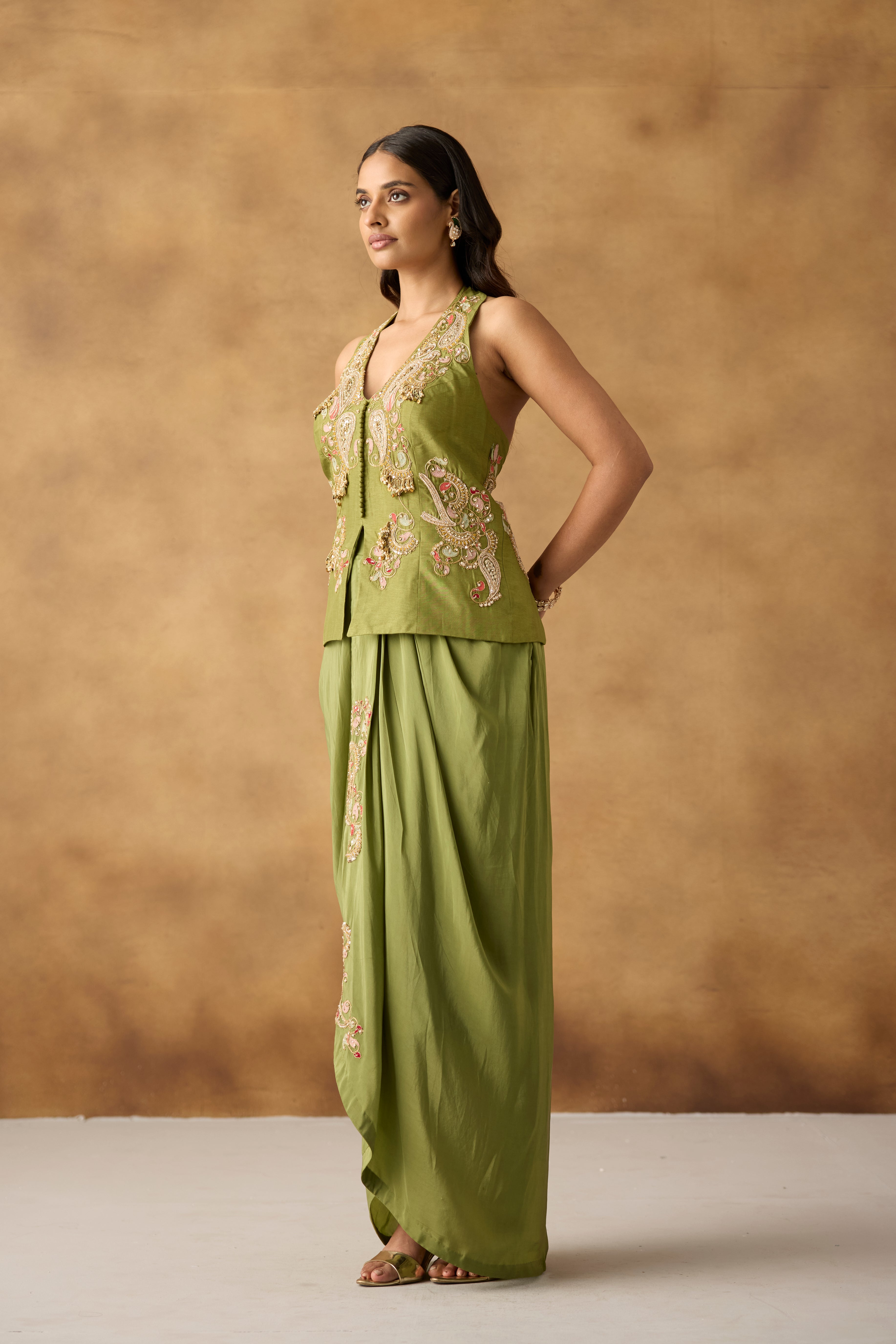 Fern Green Embellished Crepe Satin Silk Skirt Set