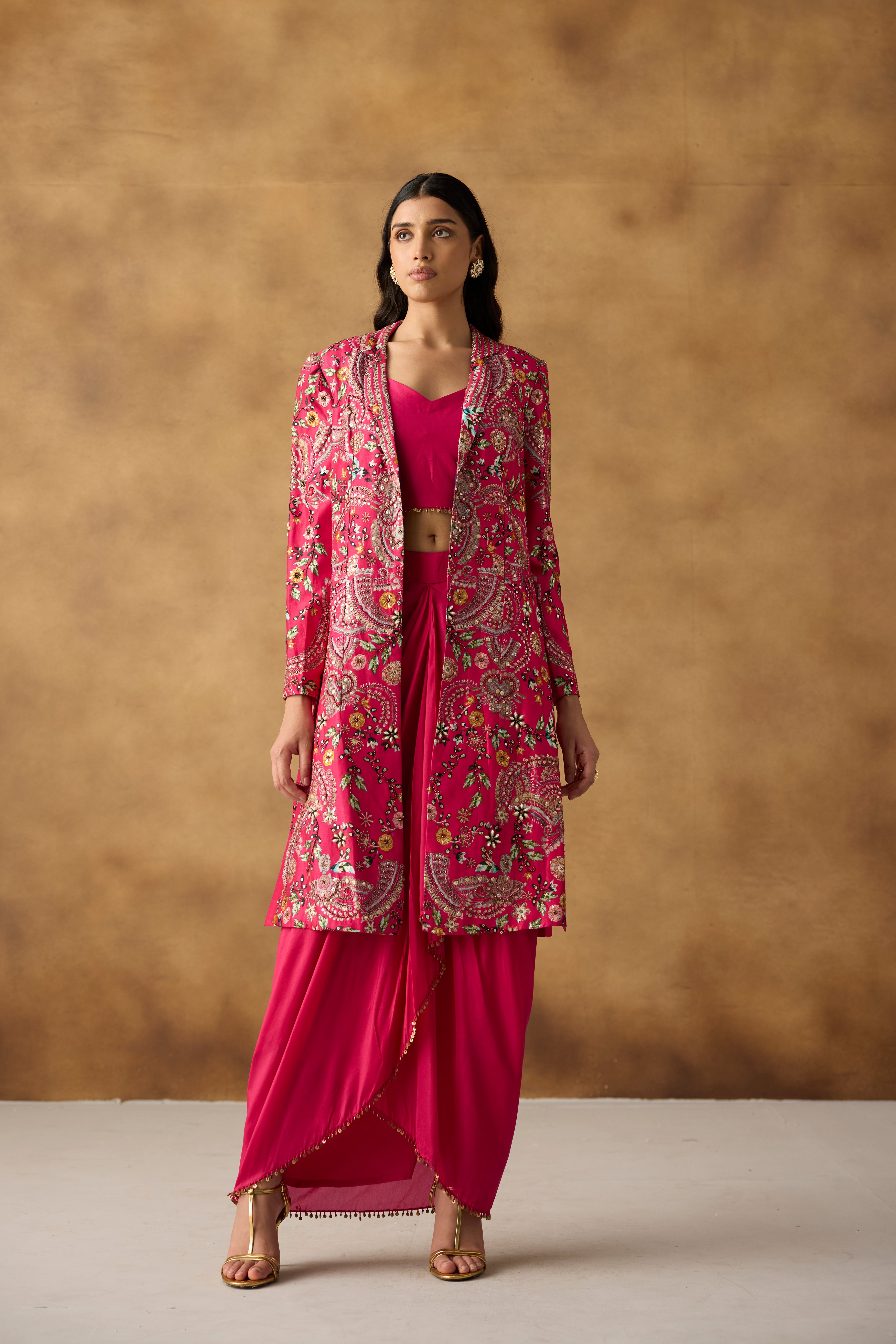 Rani Pink Embellished Chanderi Silk Jacket Skirt Set