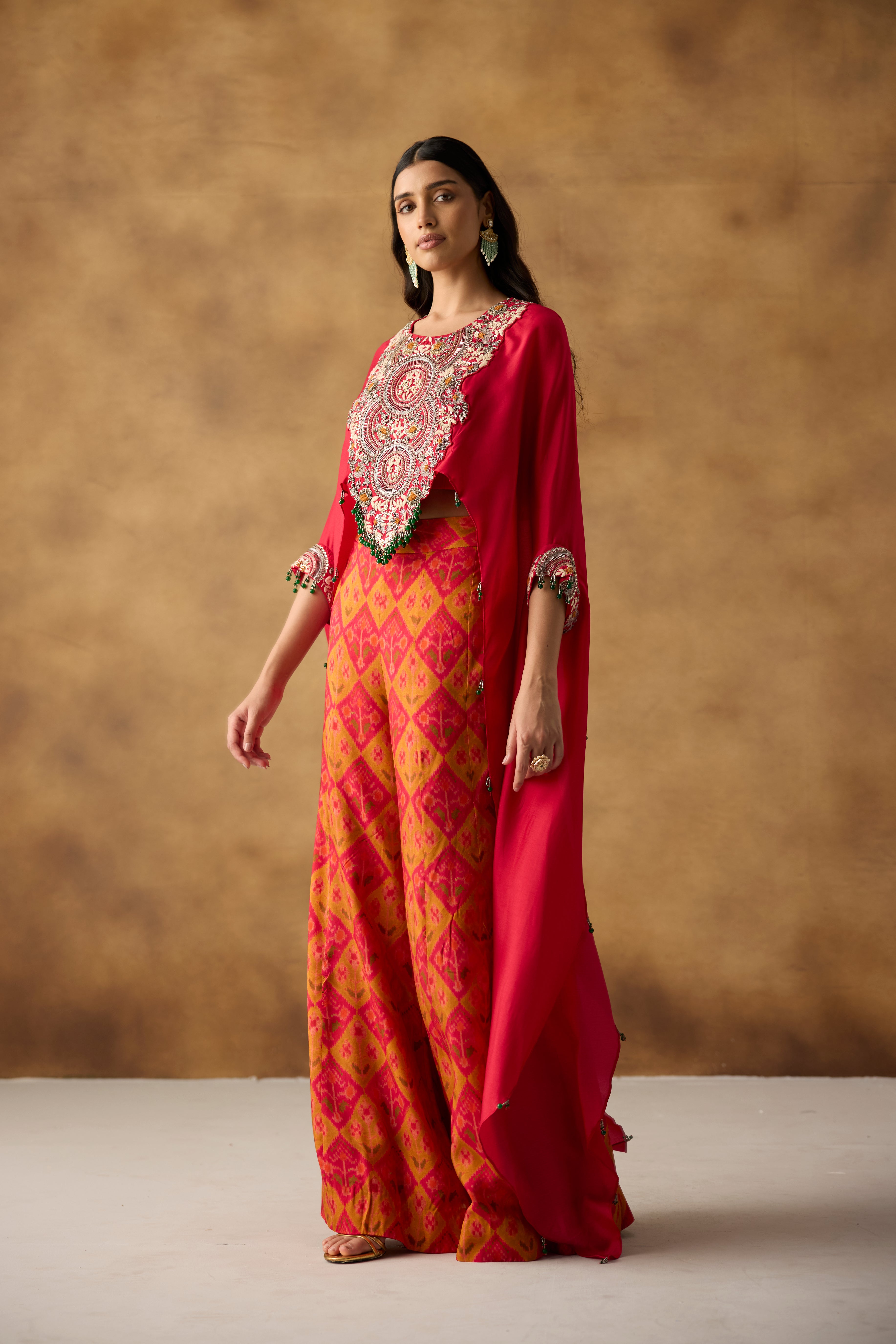 Radiant Red & Multi-Colored Upadda Silk Kaftan Set