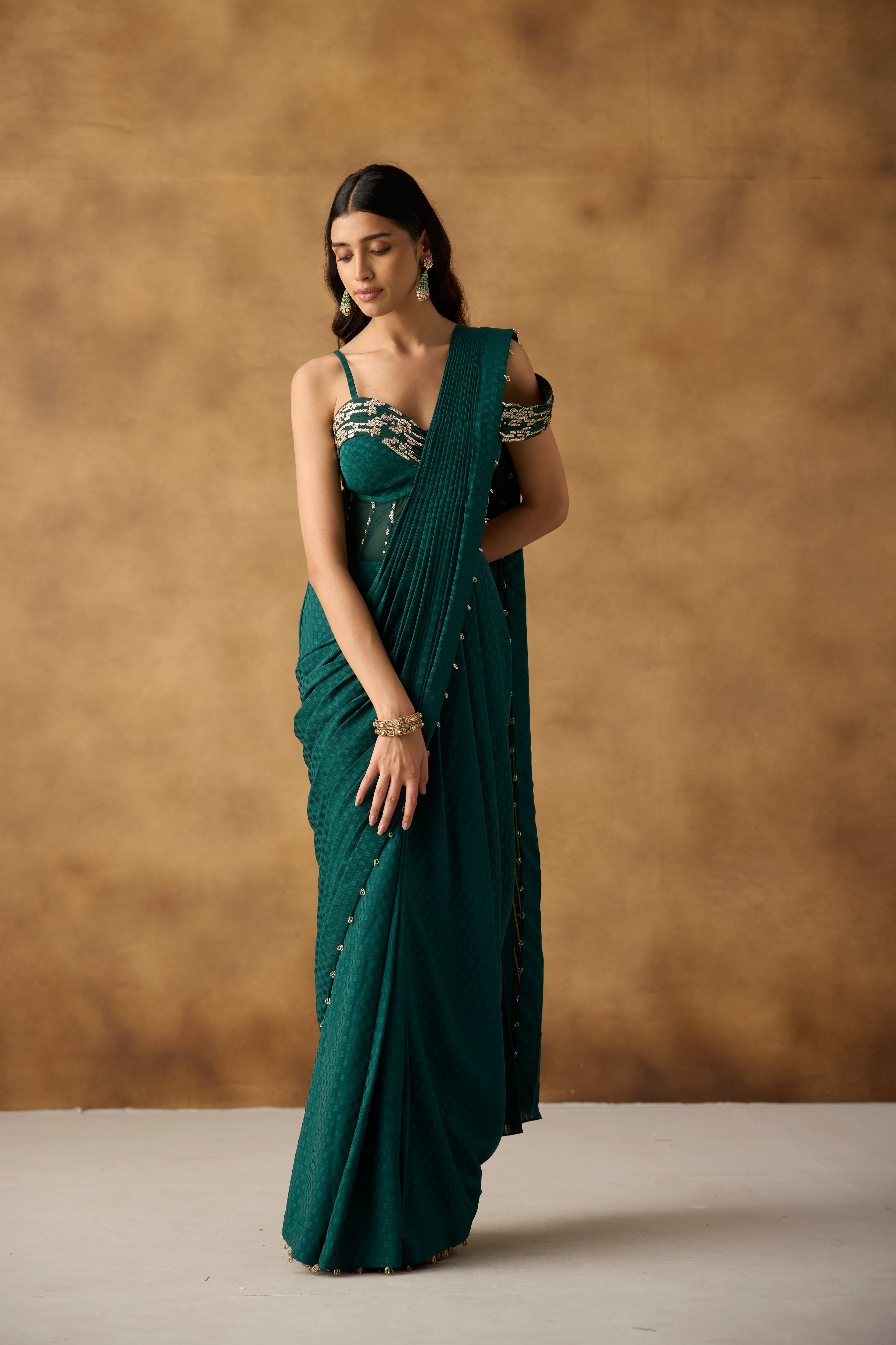 Emerald Green Embellished Georgette Draped Gown