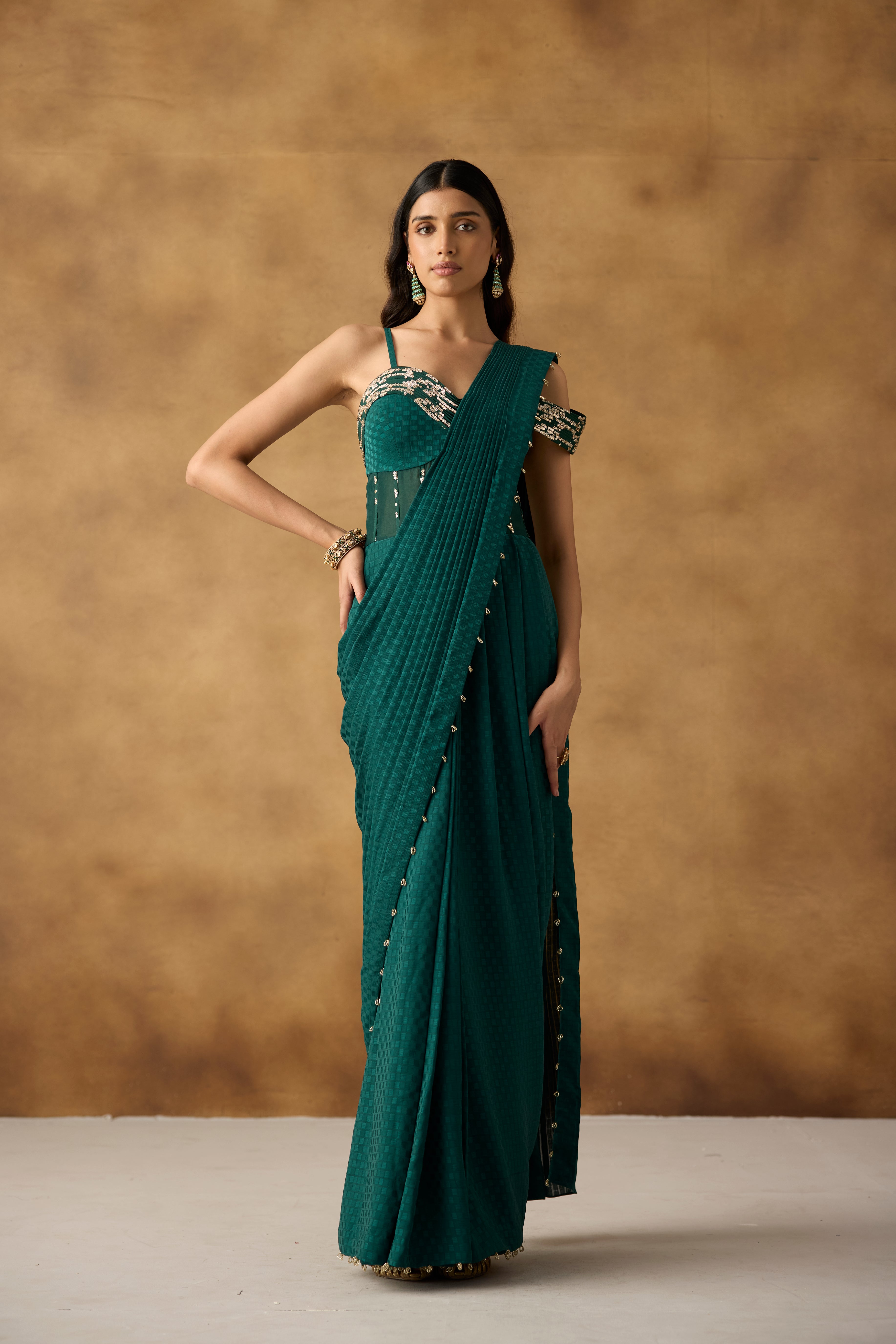 Emerald Green Embellished Georgette Draped Gown