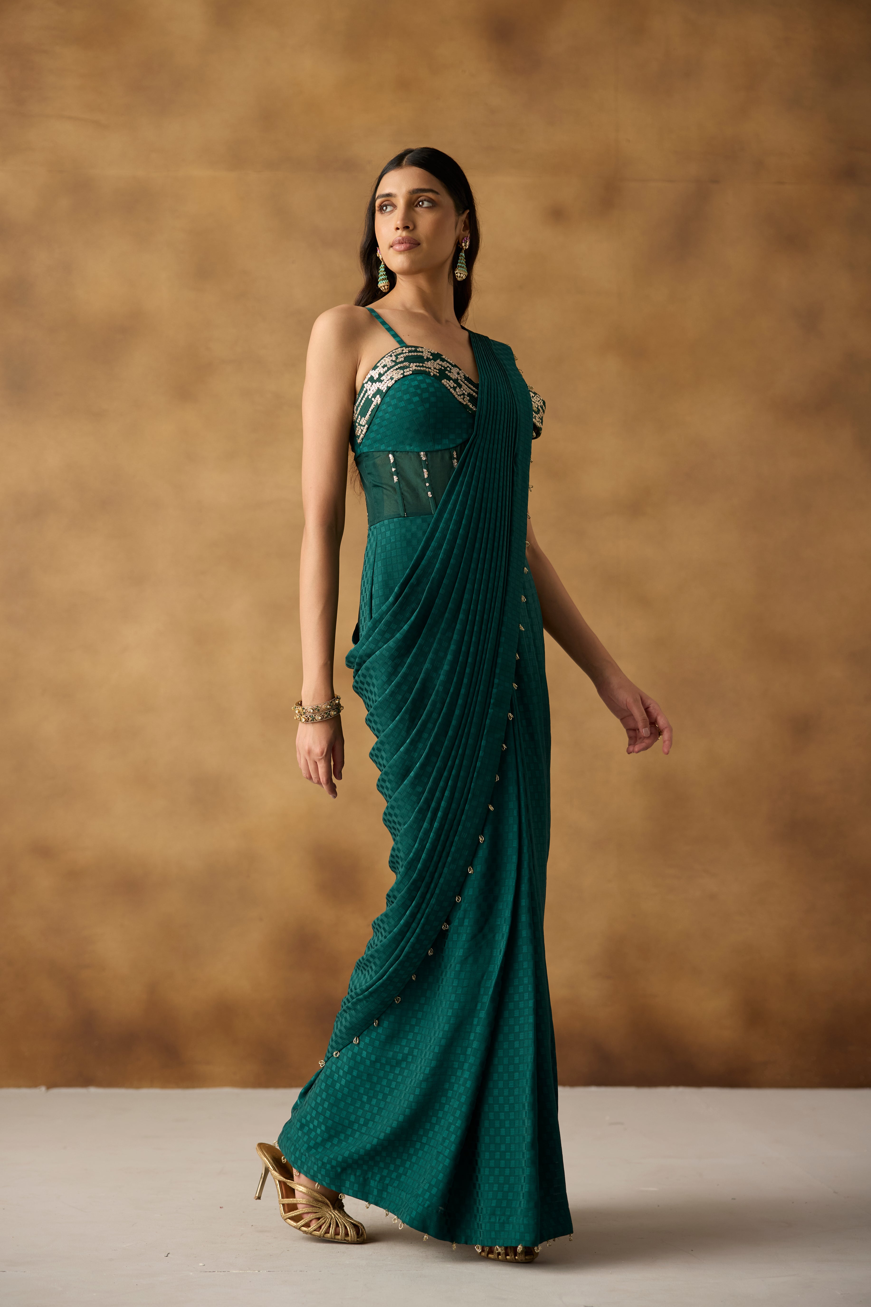 Emerald Green Embellished Georgette Draped Gown