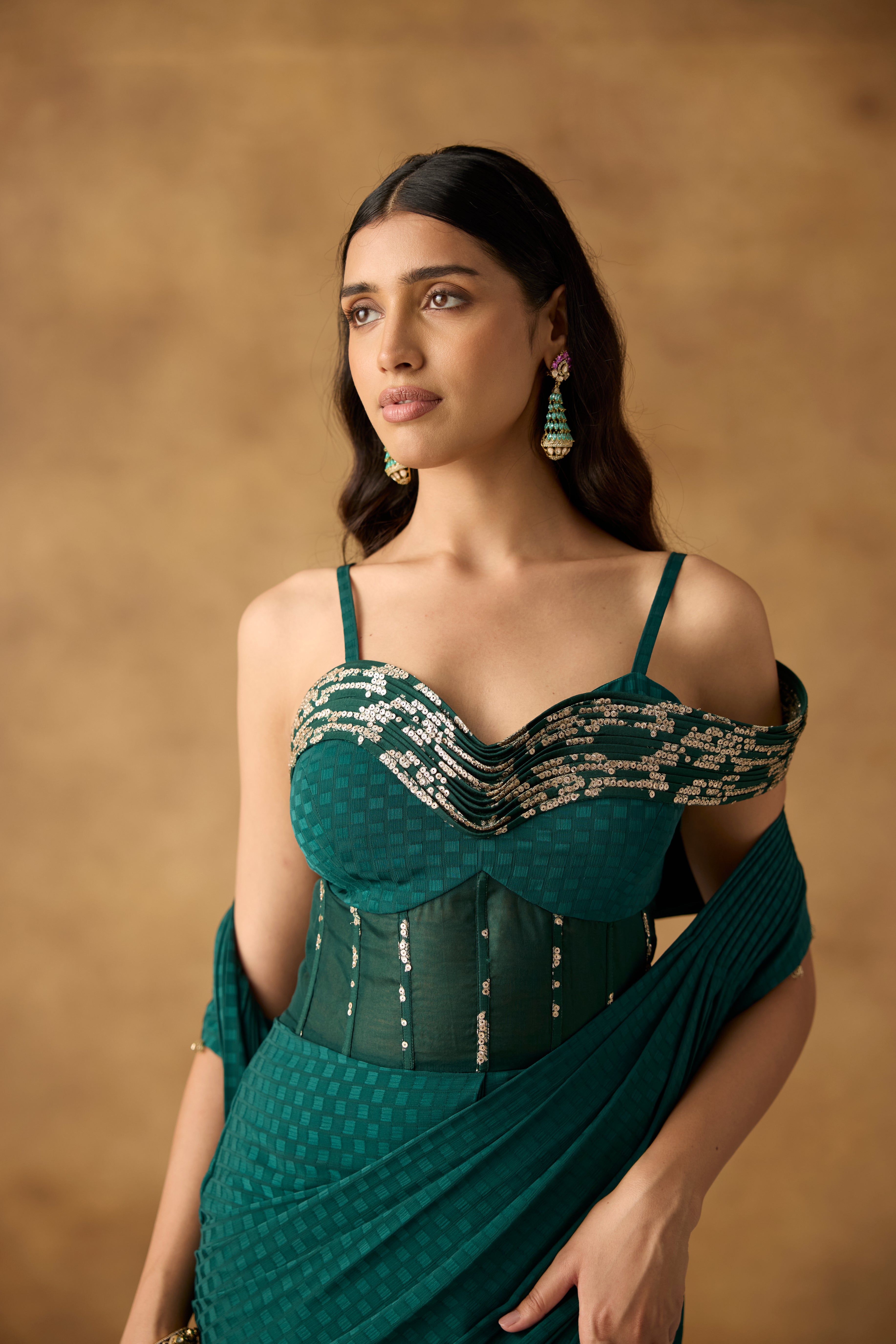 Emerald Green Embellished Georgette Draped Gown