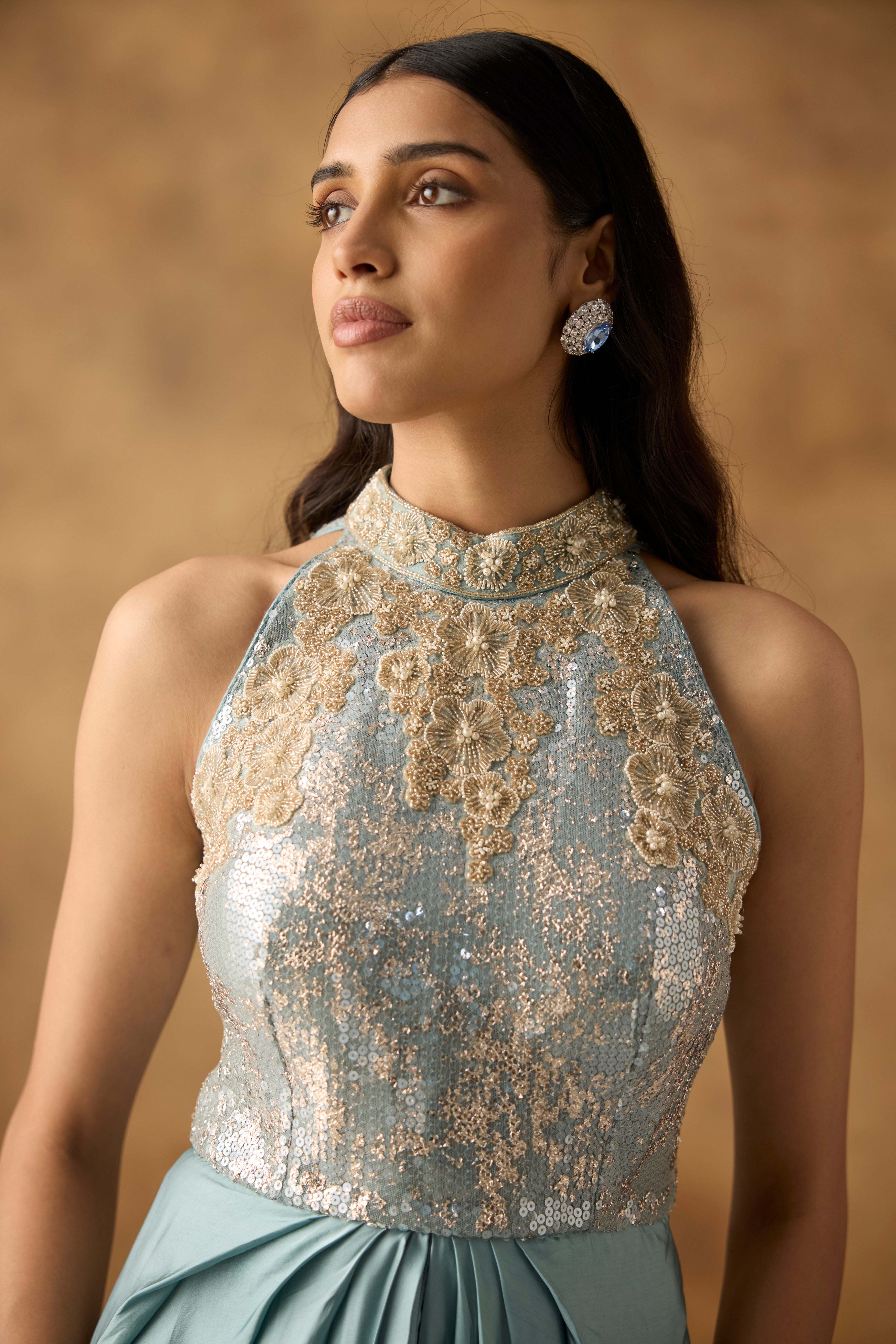 Mist Blue Embellished Satin Silk Dress