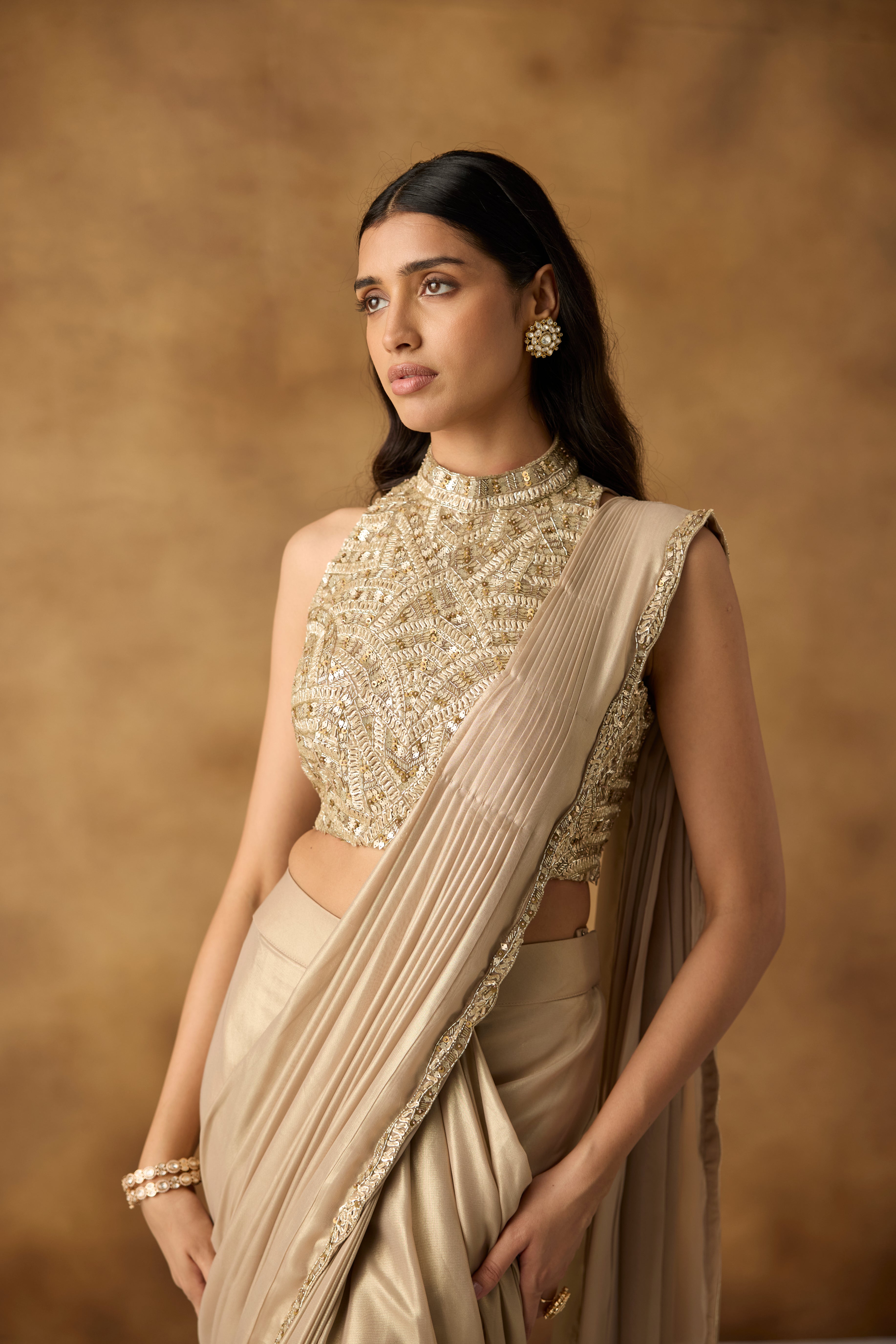 Golden Beige Embellished Shimmer Silk Draped Saree