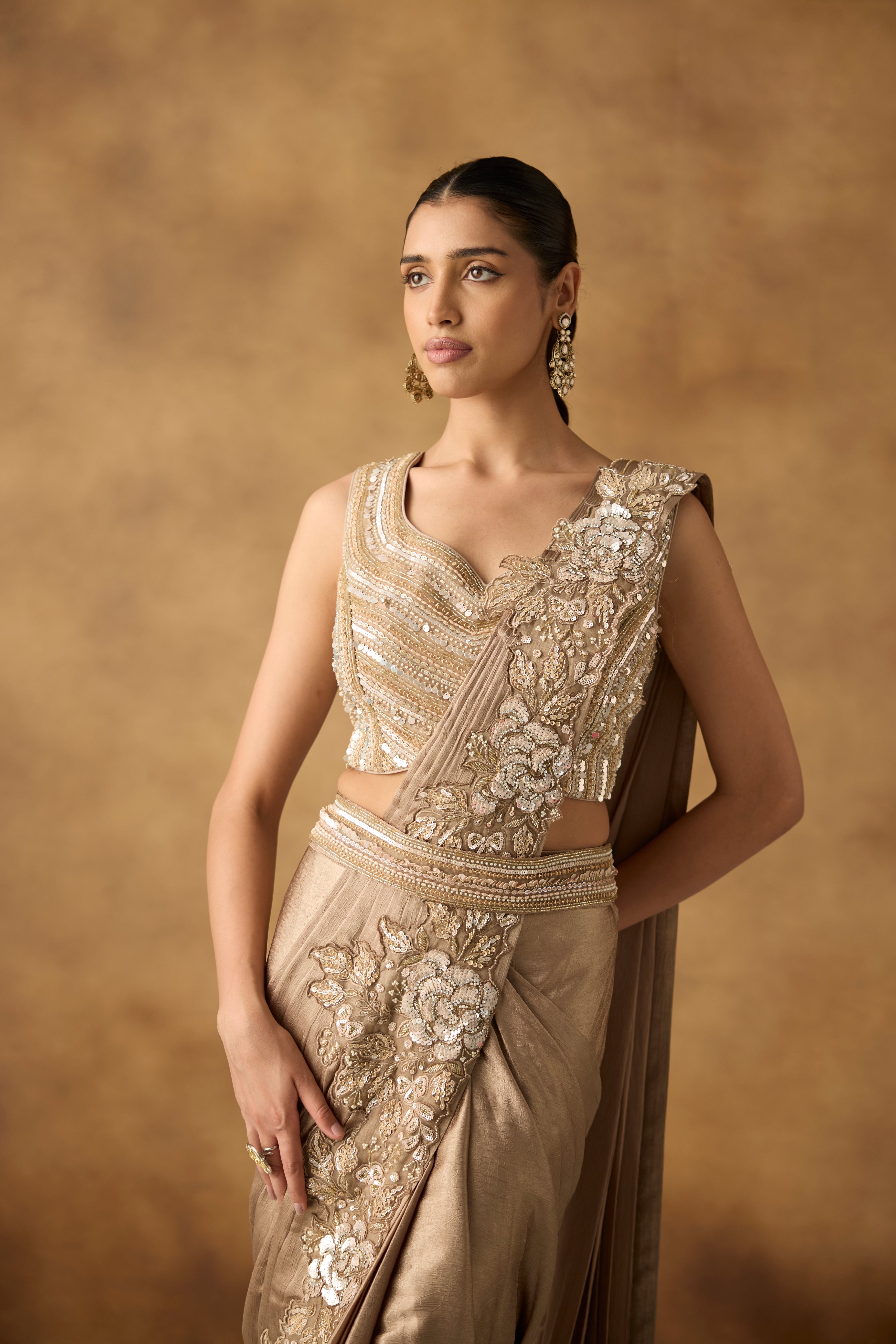 Metallic Gold Embellished Crepe Silk Draped Saree