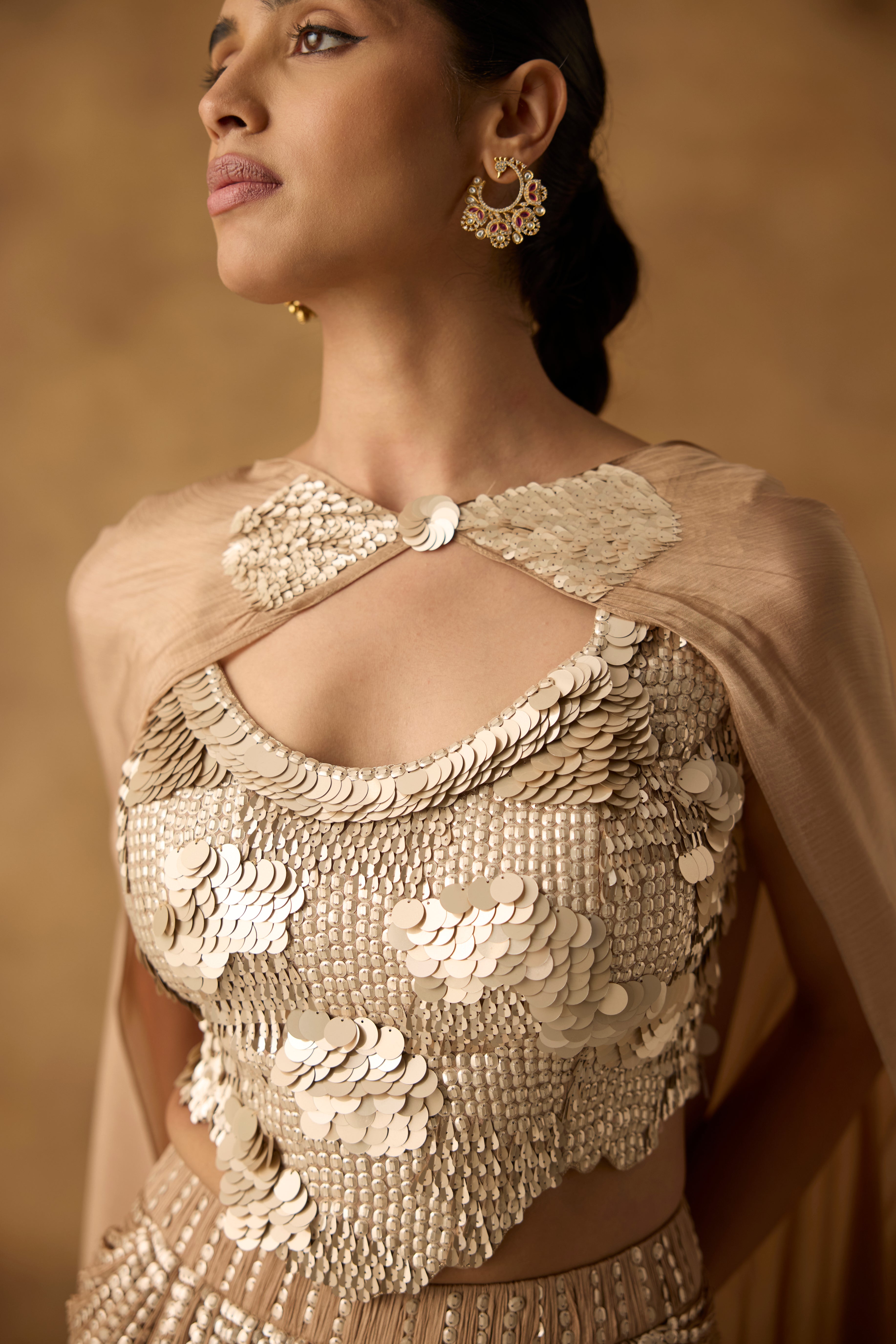 Champagne Beige Embellished Chanderi Silk Skirt Set