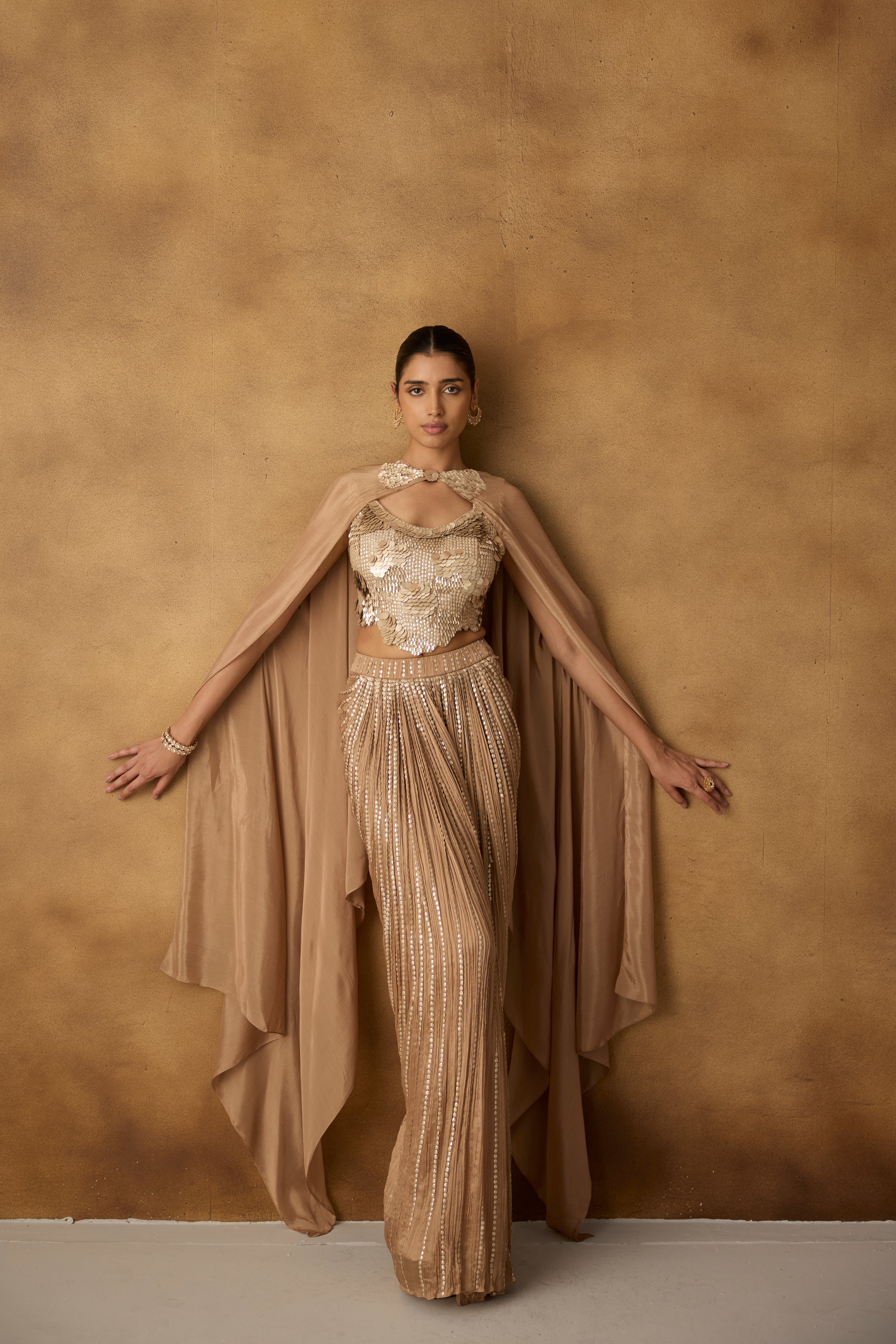 Champagne Beige Embellished Chanderi Silk Skirt Set