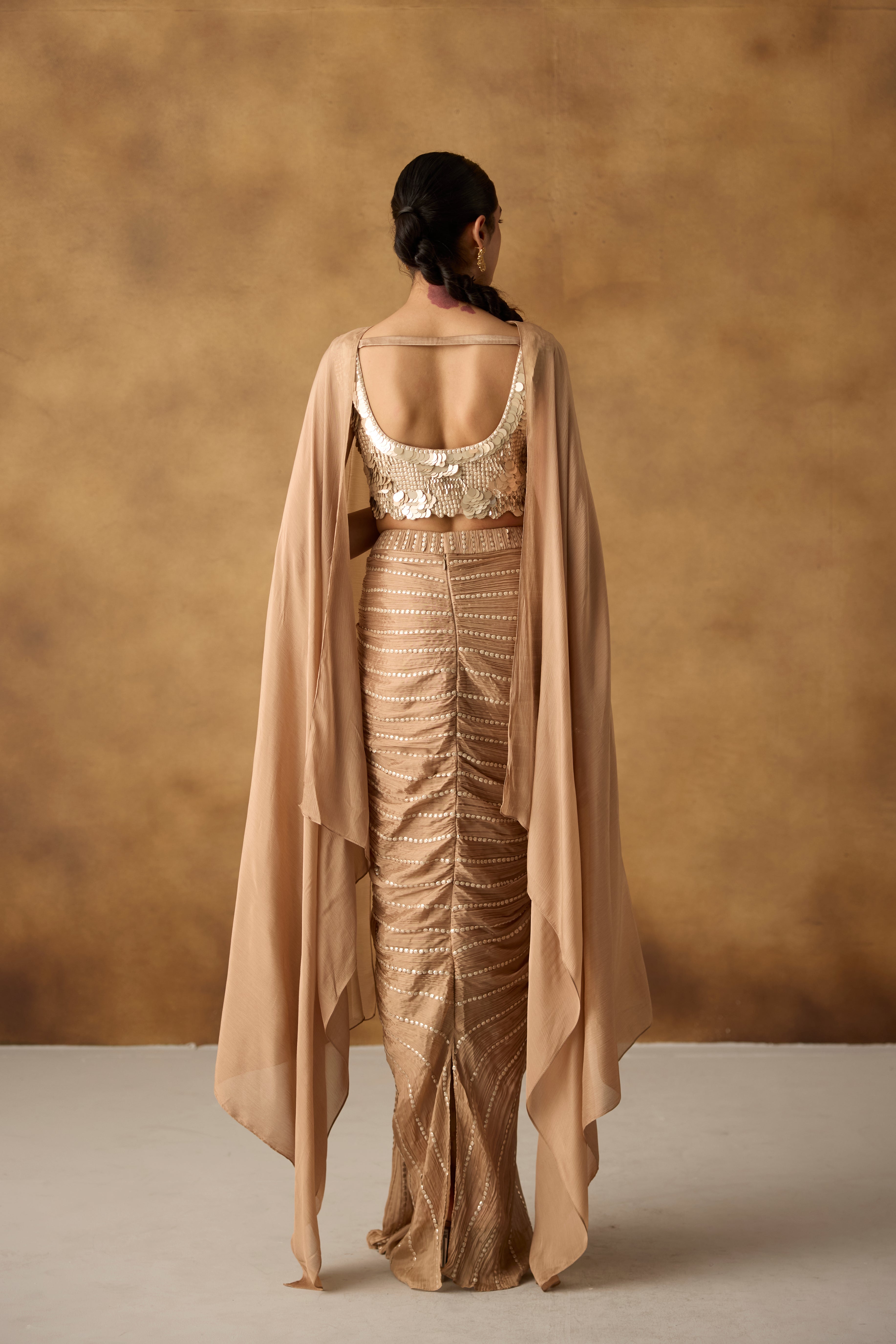 Champagne Beige Embellished Chanderi Silk Skirt Set
