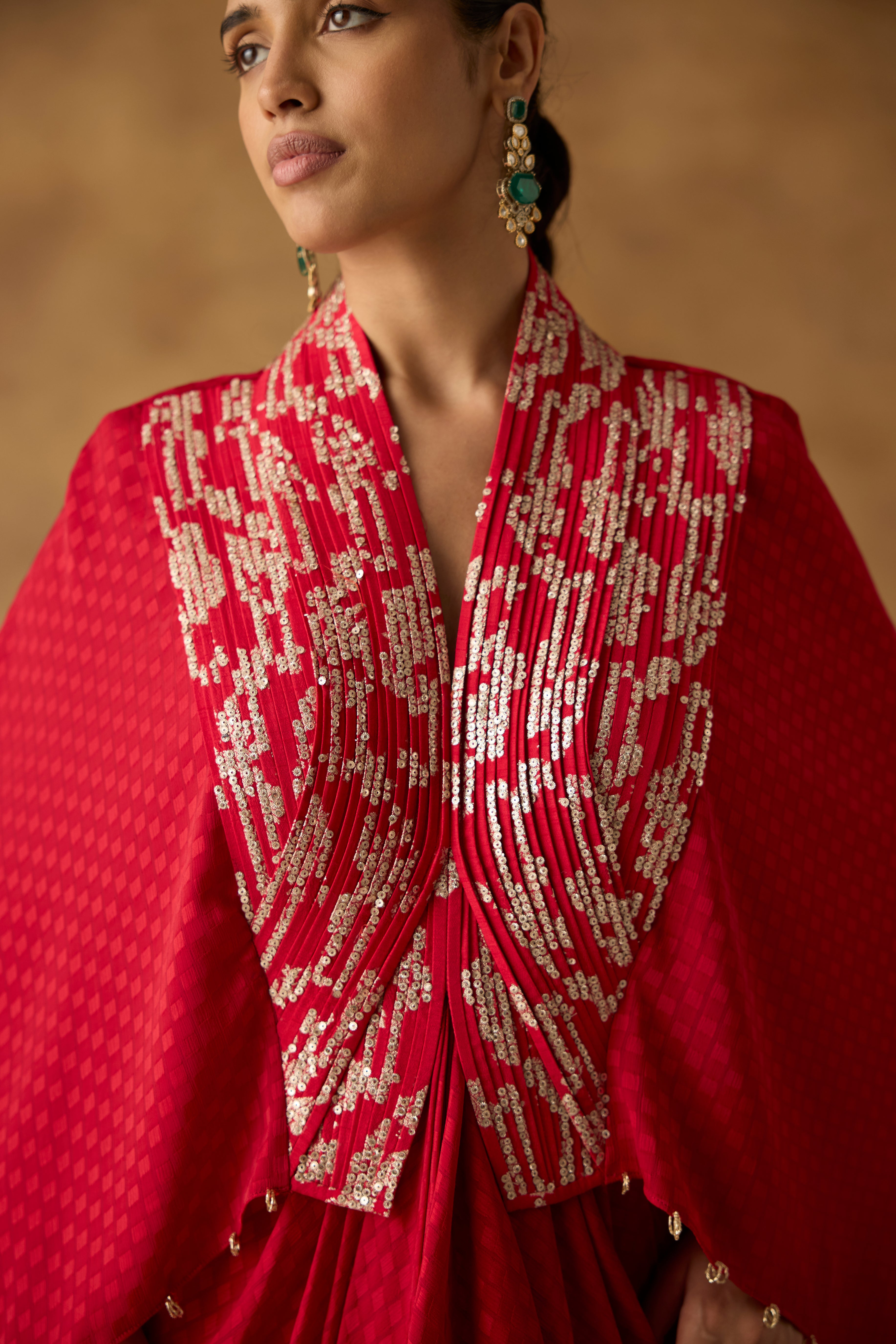 Deep Red Embellished Georgette Silk Kaftan Dress