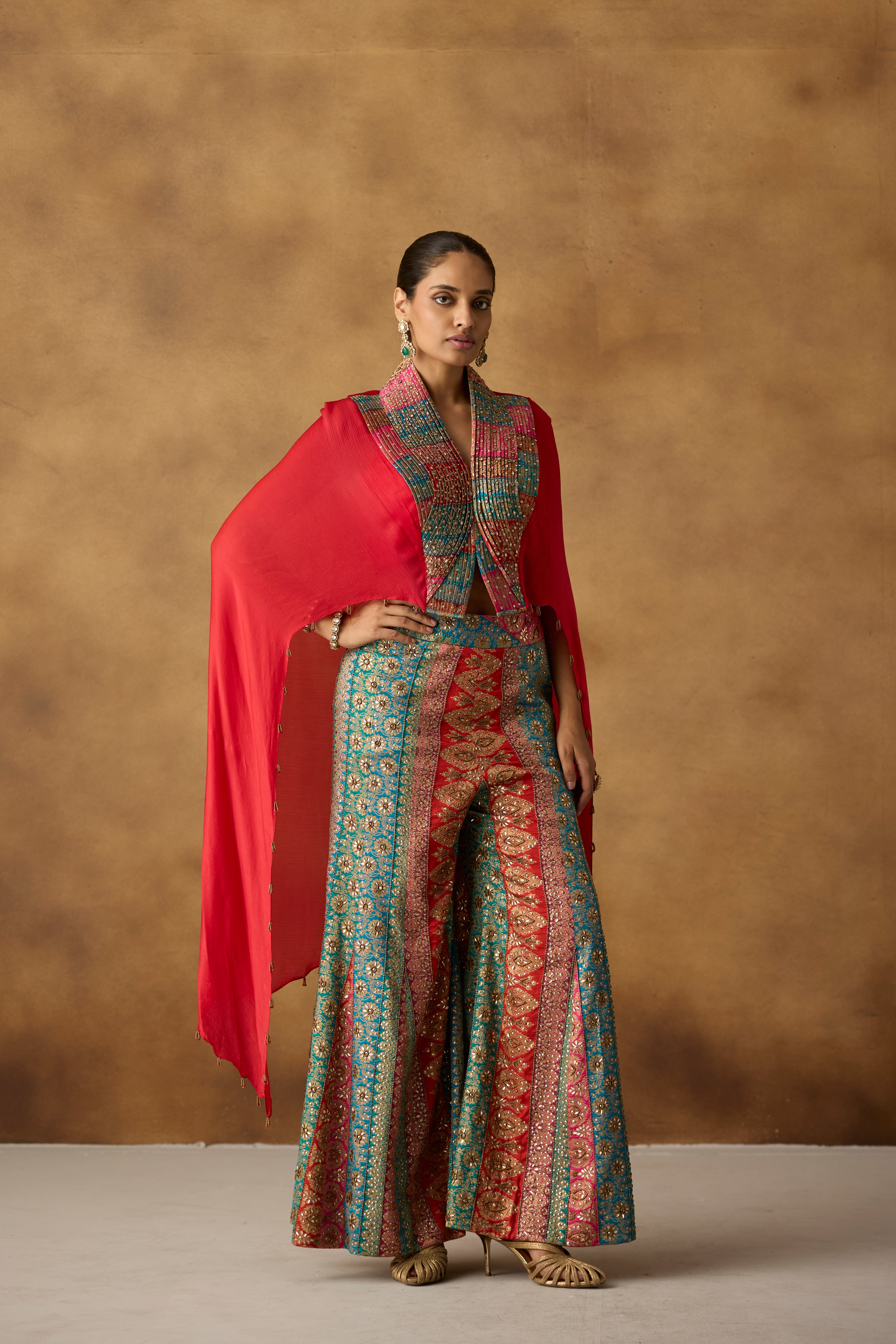 Vibrant Red Embellished Chinon Silk Co-Ord Set