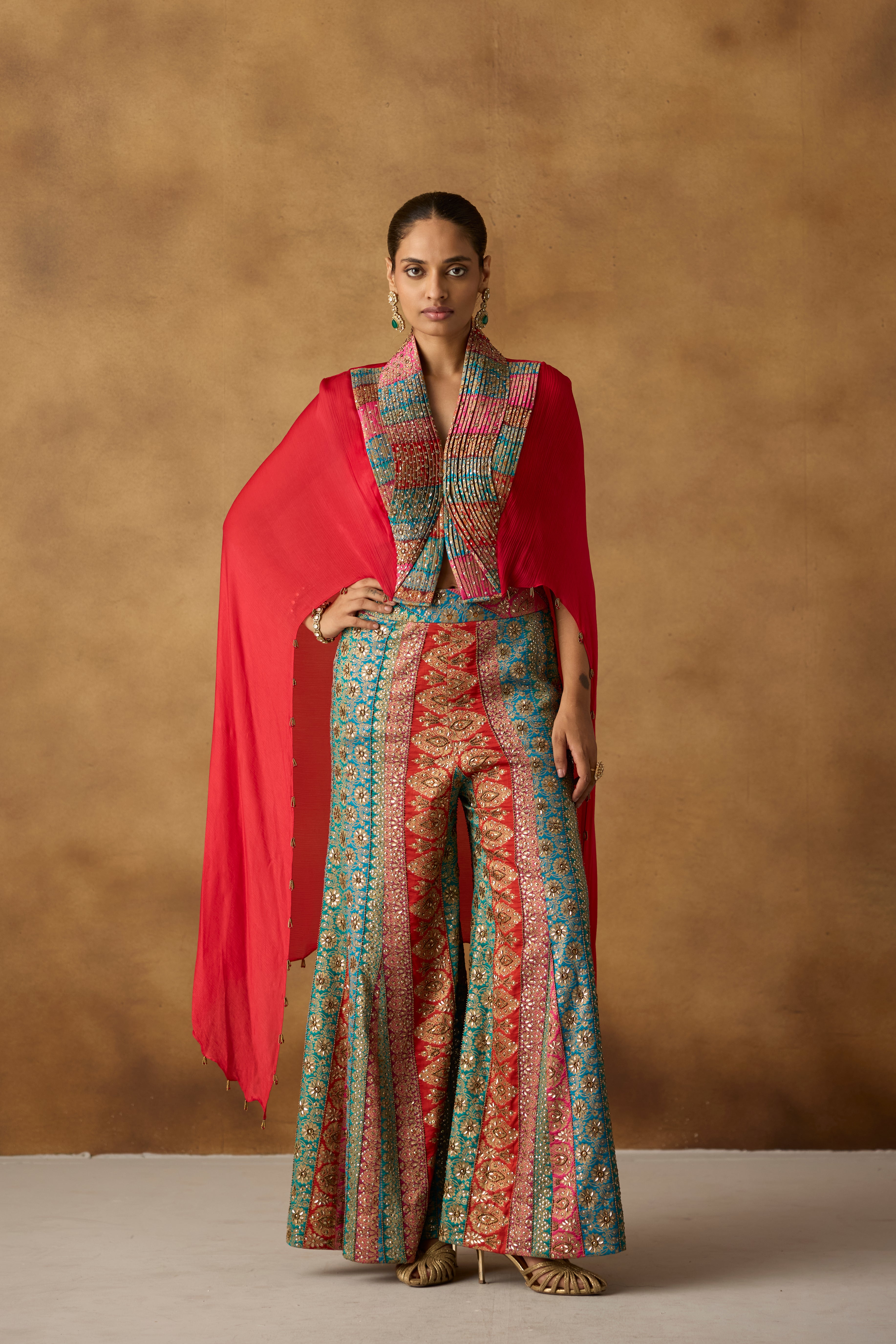 Vibrant Red Embellished Chinon Silk Co-Ord Set