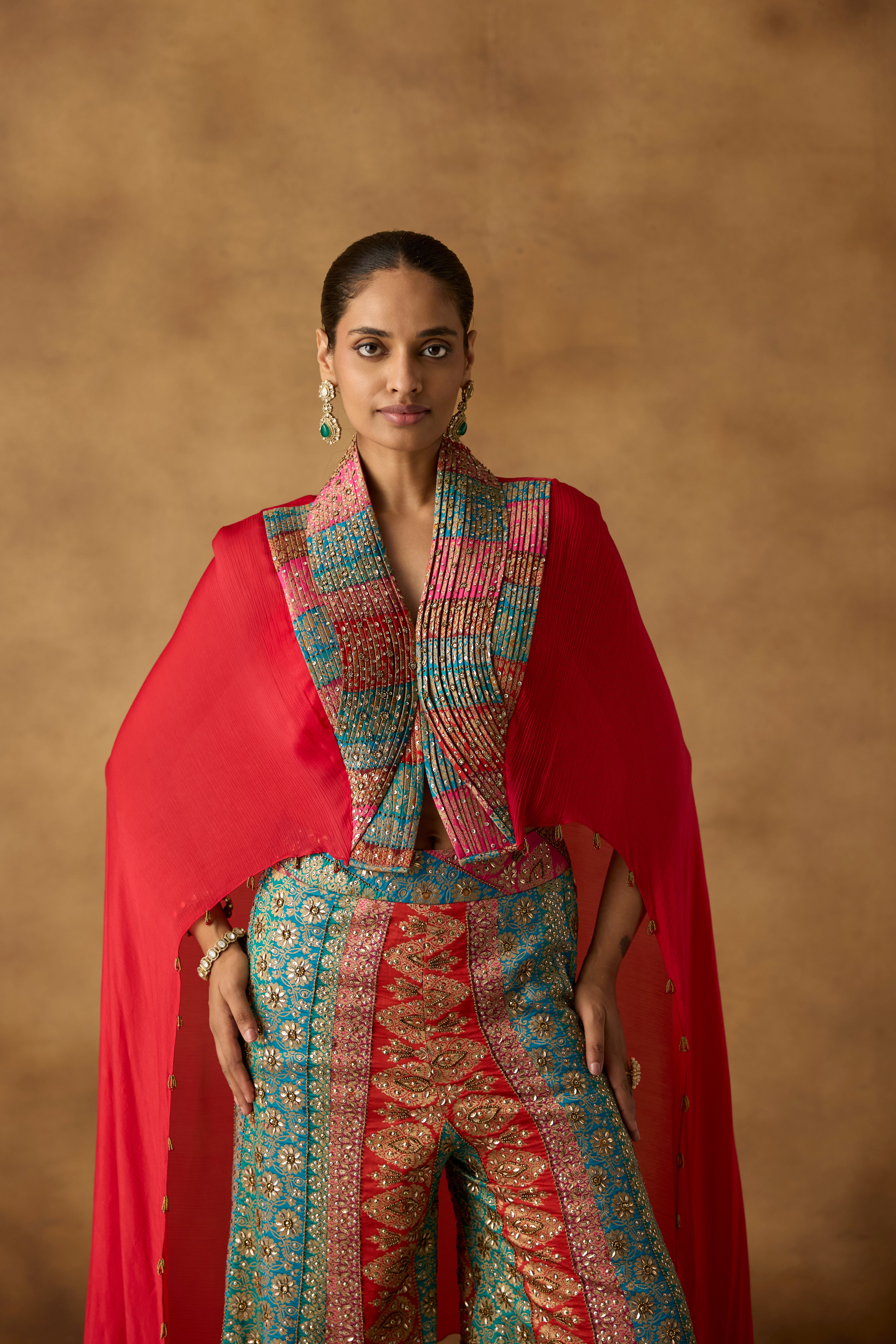 Vibrant Red Embellished Chinon Silk Co-Ord Set