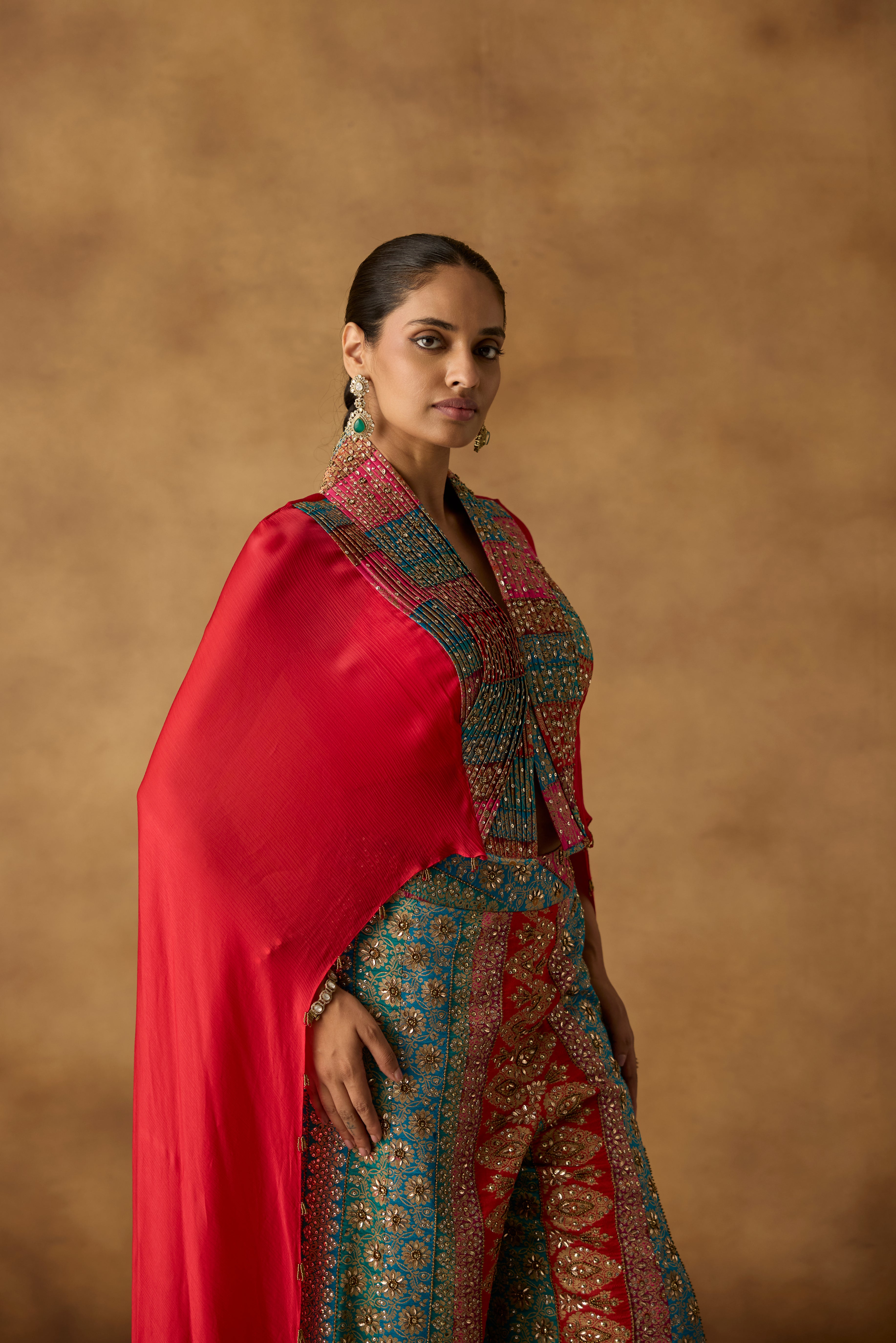 Vibrant Red Embellished Chinon Silk Co-Ord Set