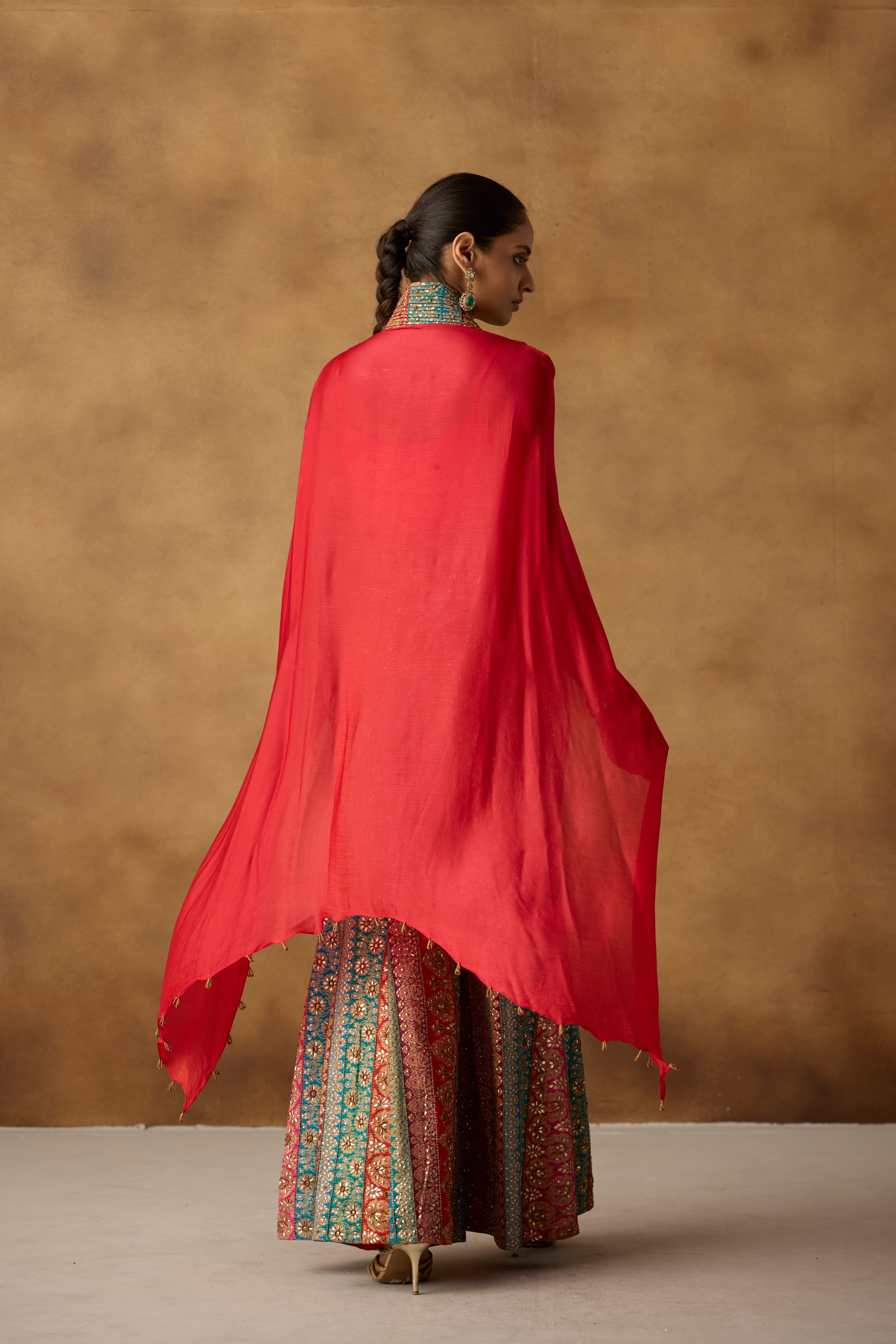 Vibrant Red Embellished Chinon Silk Co-Ord Set