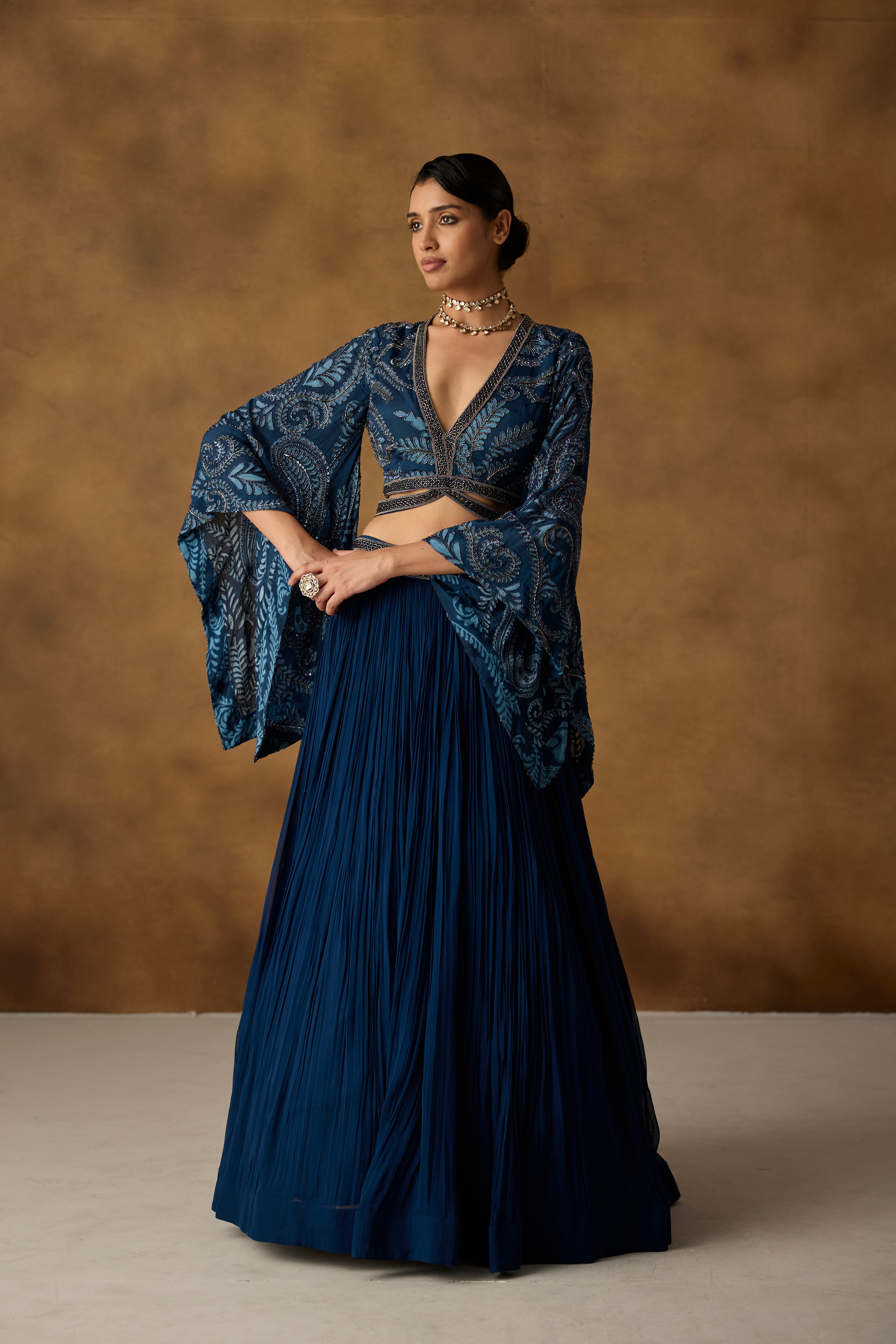 Sapphire Blue Embellished Georgette Silk Skirt Set