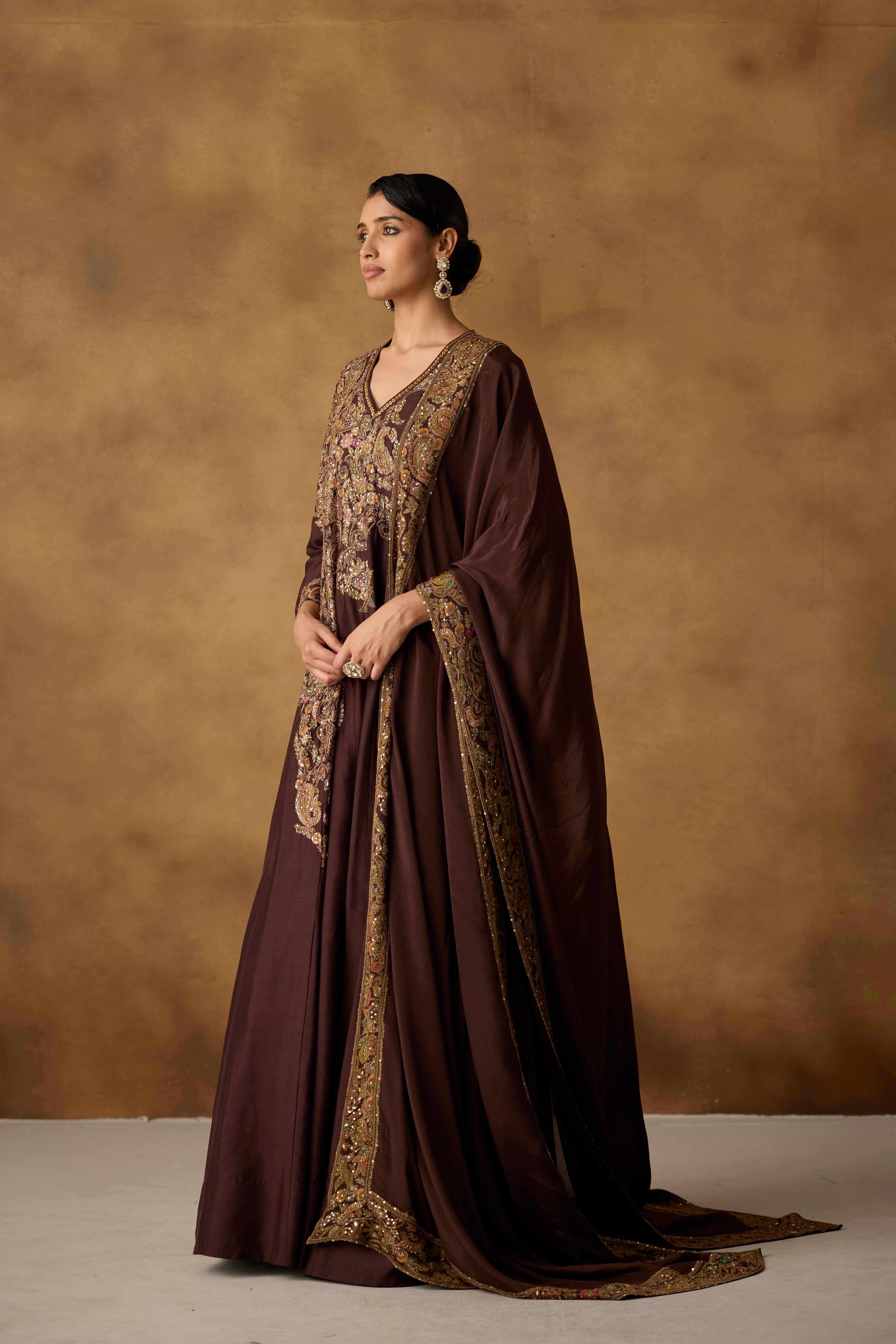 Maple Brown Embellished Chanderi Silk Anarkali Gown