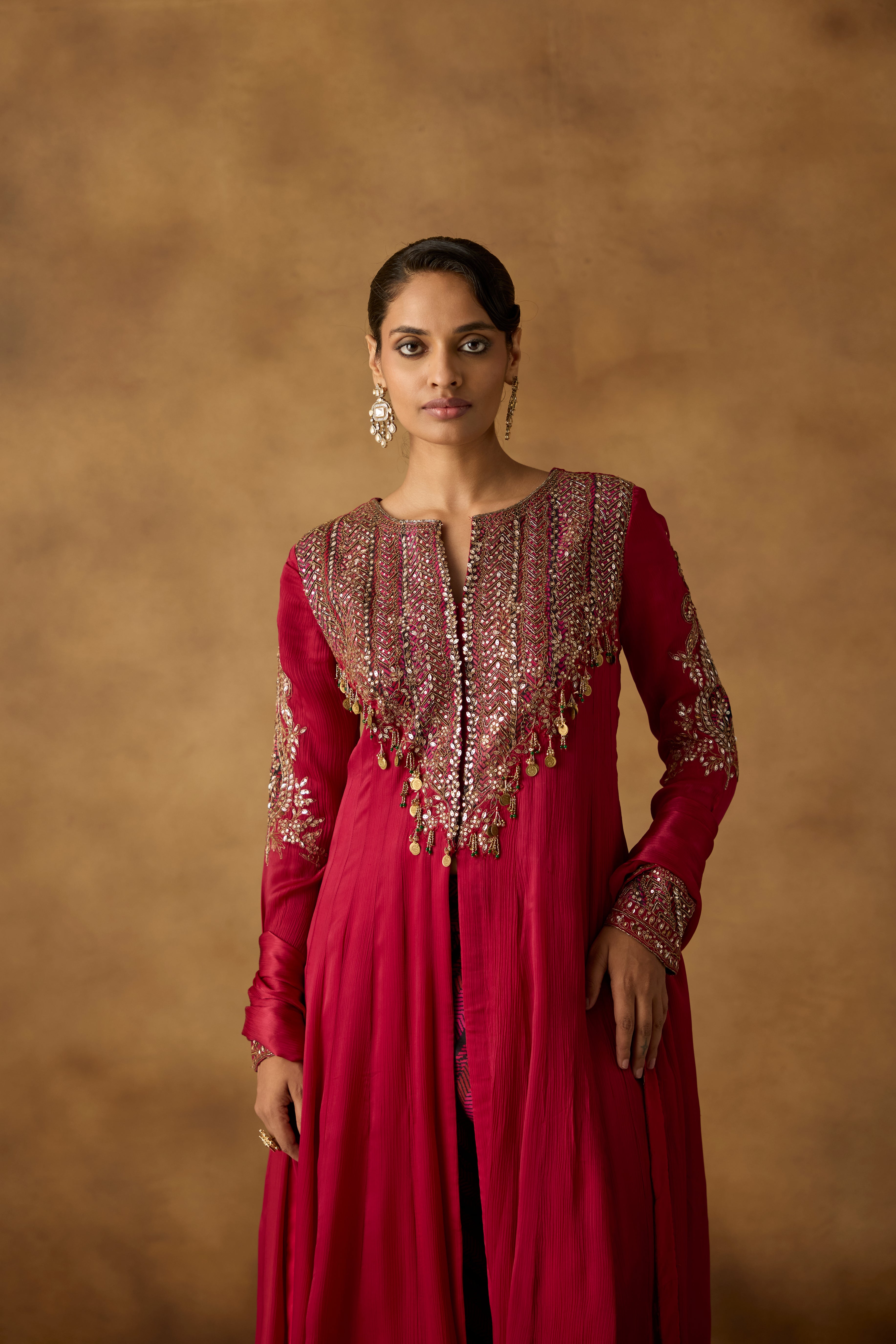 Striking Berry Pink Embellished Jacket Pant Set