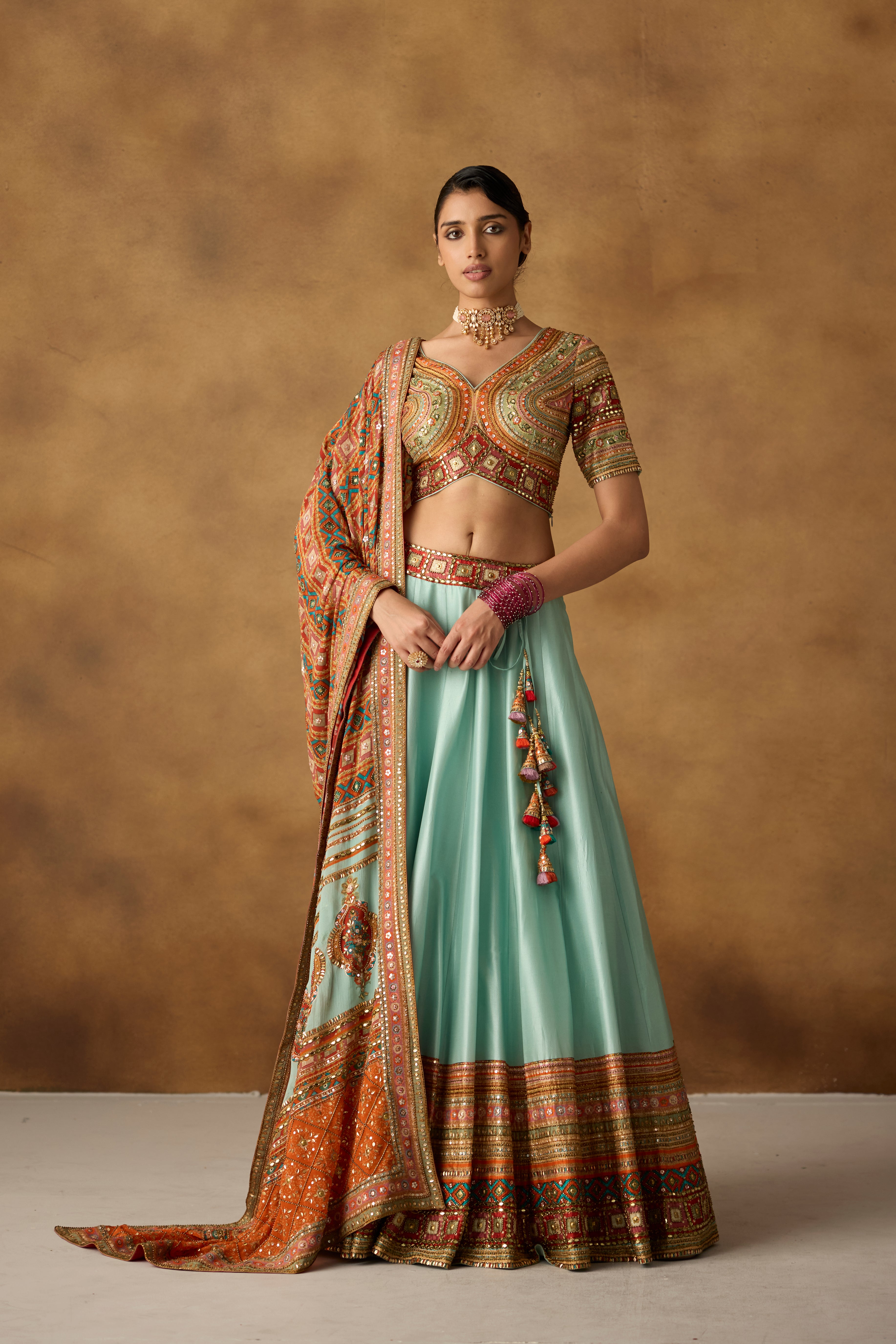 Cyan Blue Embellished Dola Silk Lehenga Set
