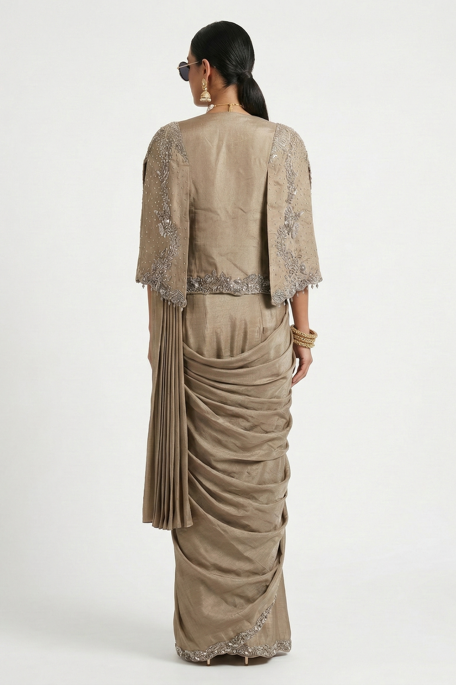 Vintage Beige Embellished Tissue Silk Draped Saree