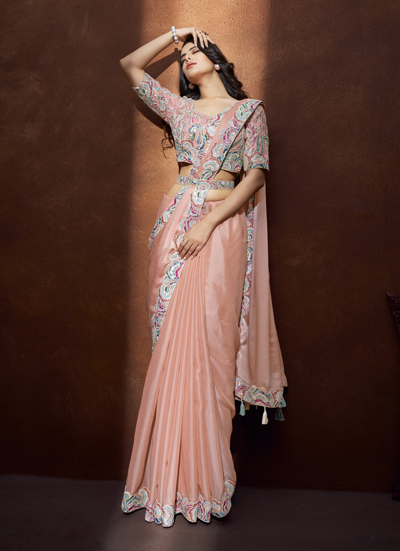 Peach Embroidered Crepe Satin Silk Saree