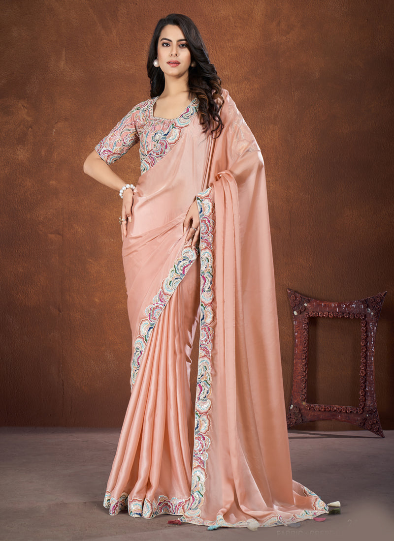 Peach Embroidered Crepe Satin Silk Saree