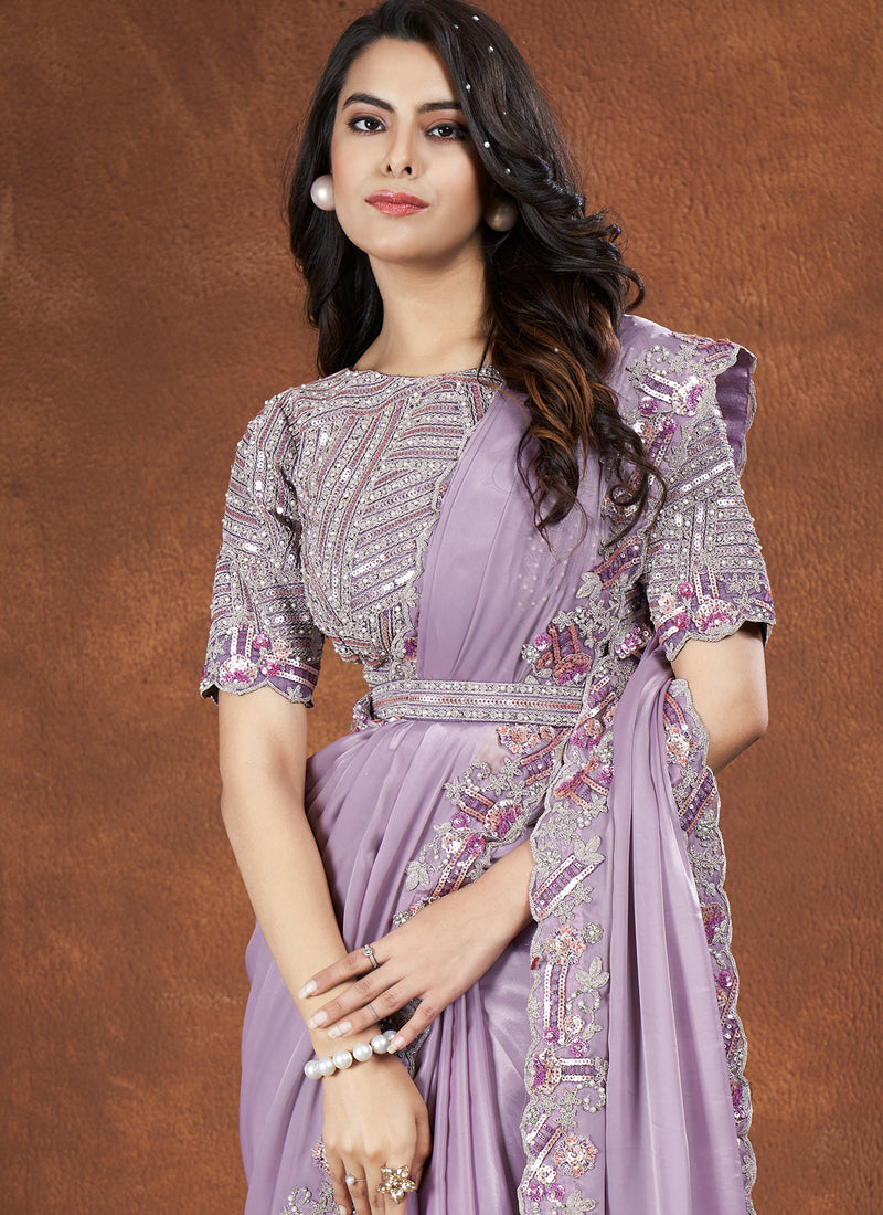 Lavender Embroidered Crepe Satin Silk Saree