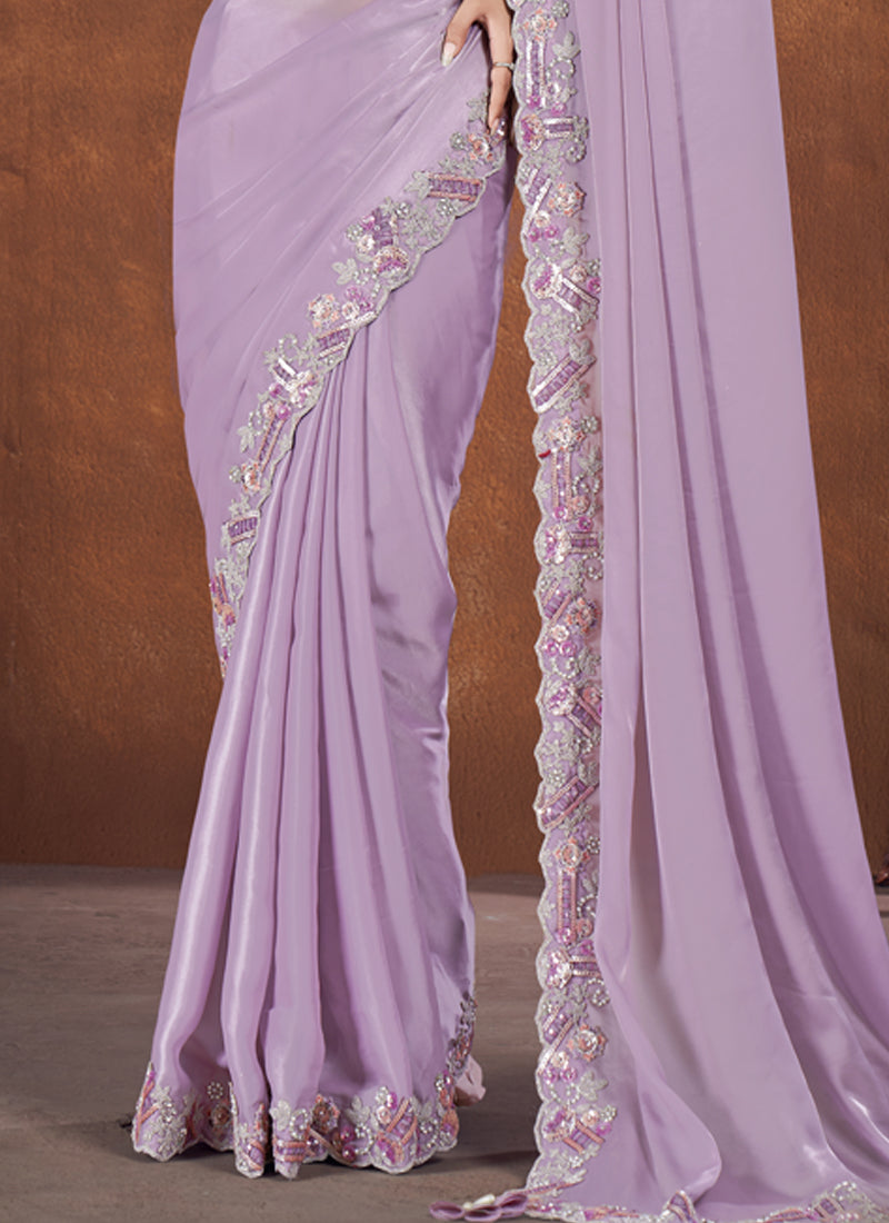 Lavender Embroidered Crepe Satin Silk Saree