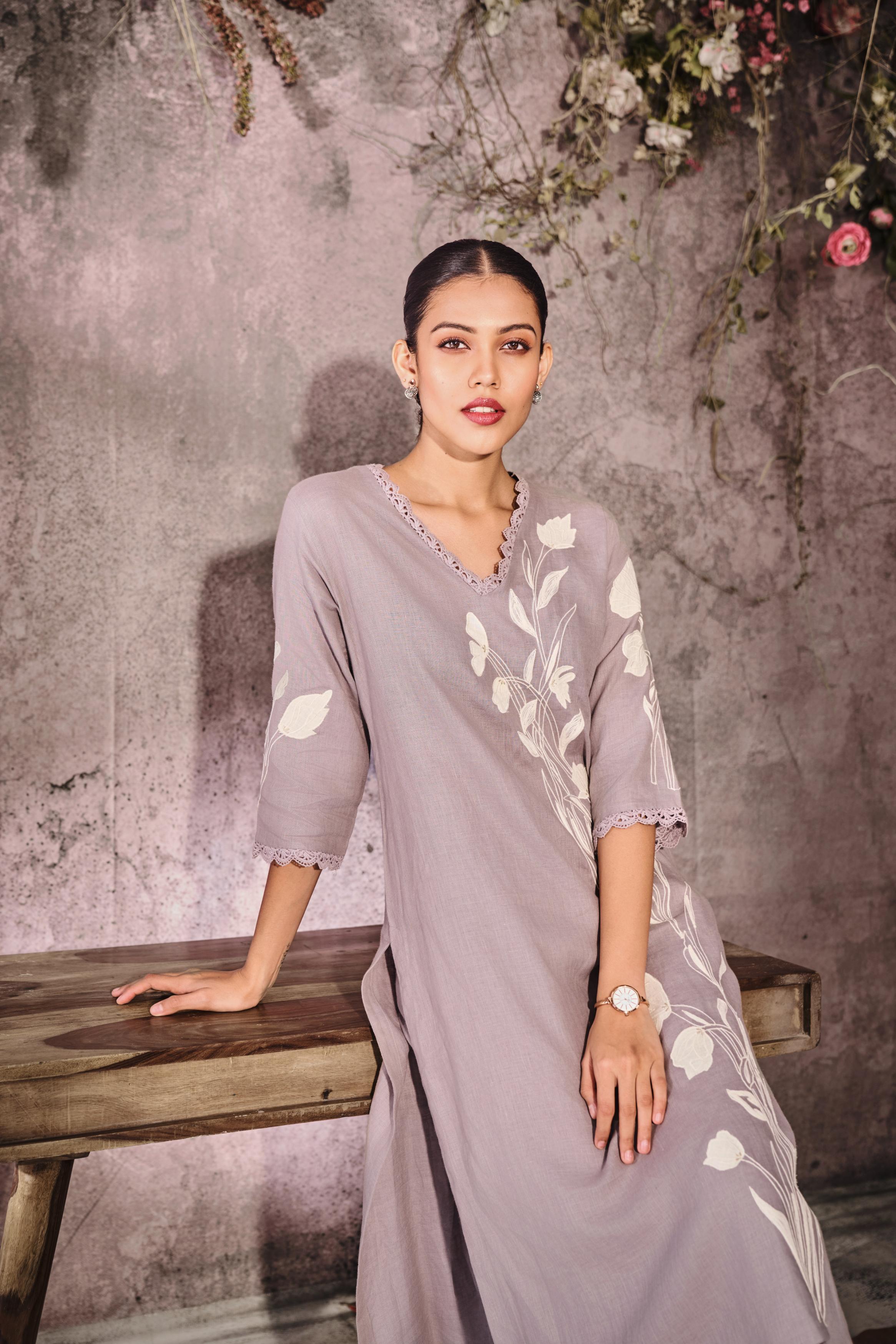 Pale Violet Embroidered Linen Silk Kurta Set