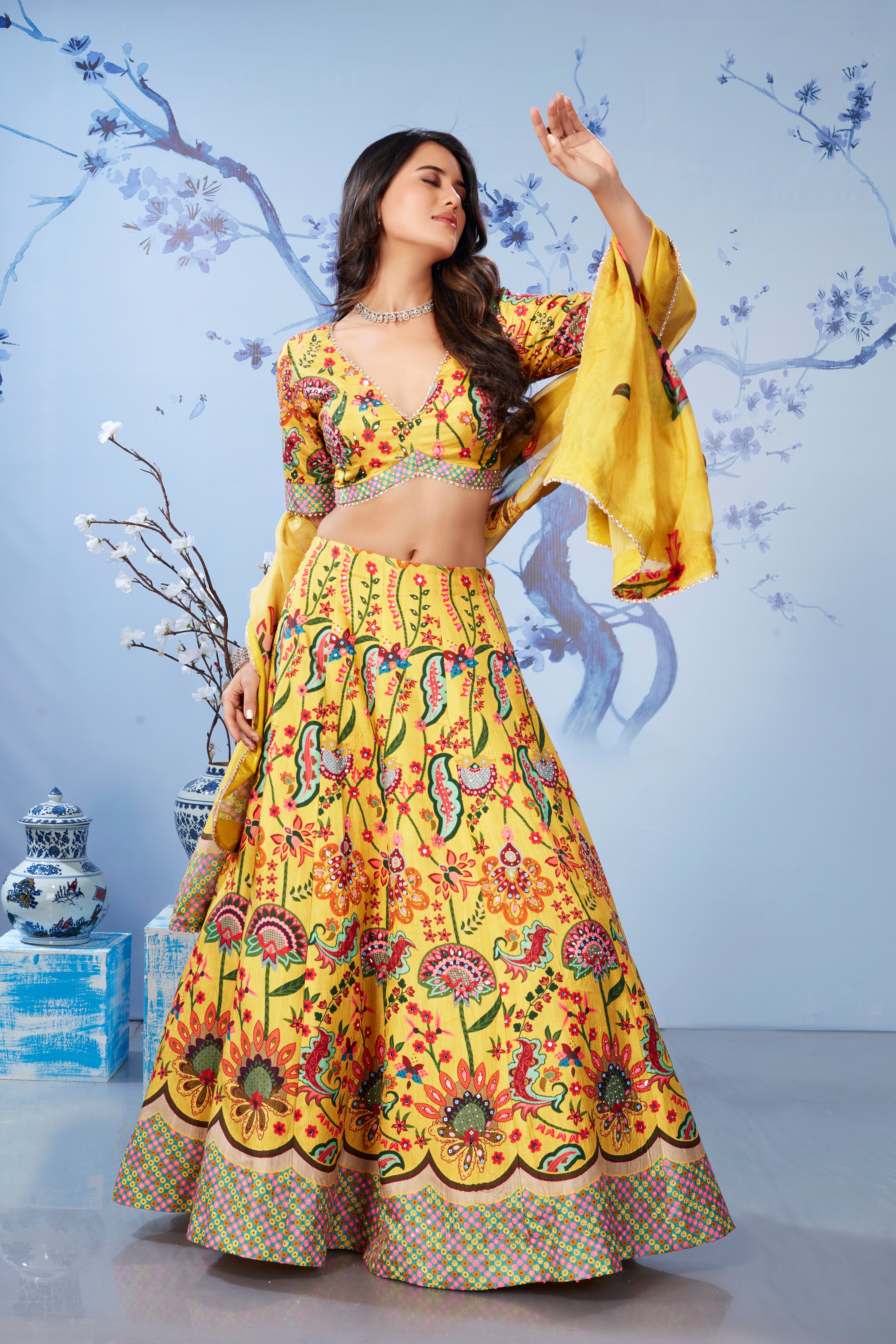 Bright Yellow Embellished Premium Silk Lehenga Set