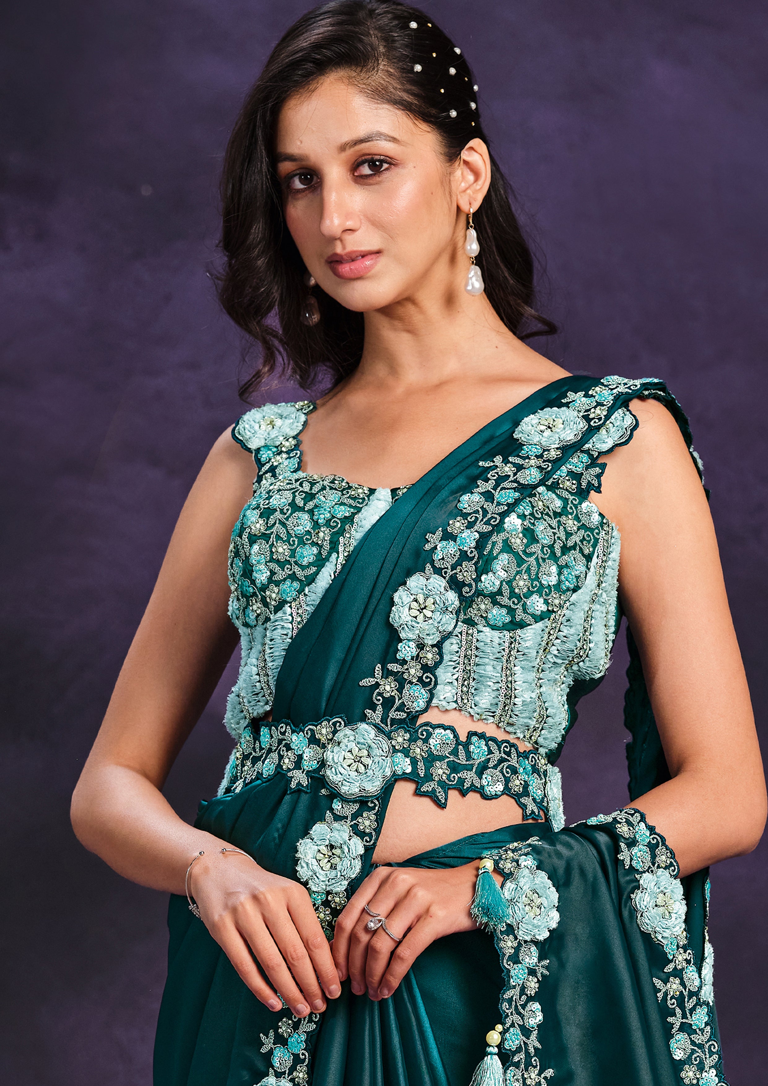 Teal Blossom Embellished Crepe Satin Silk Saree