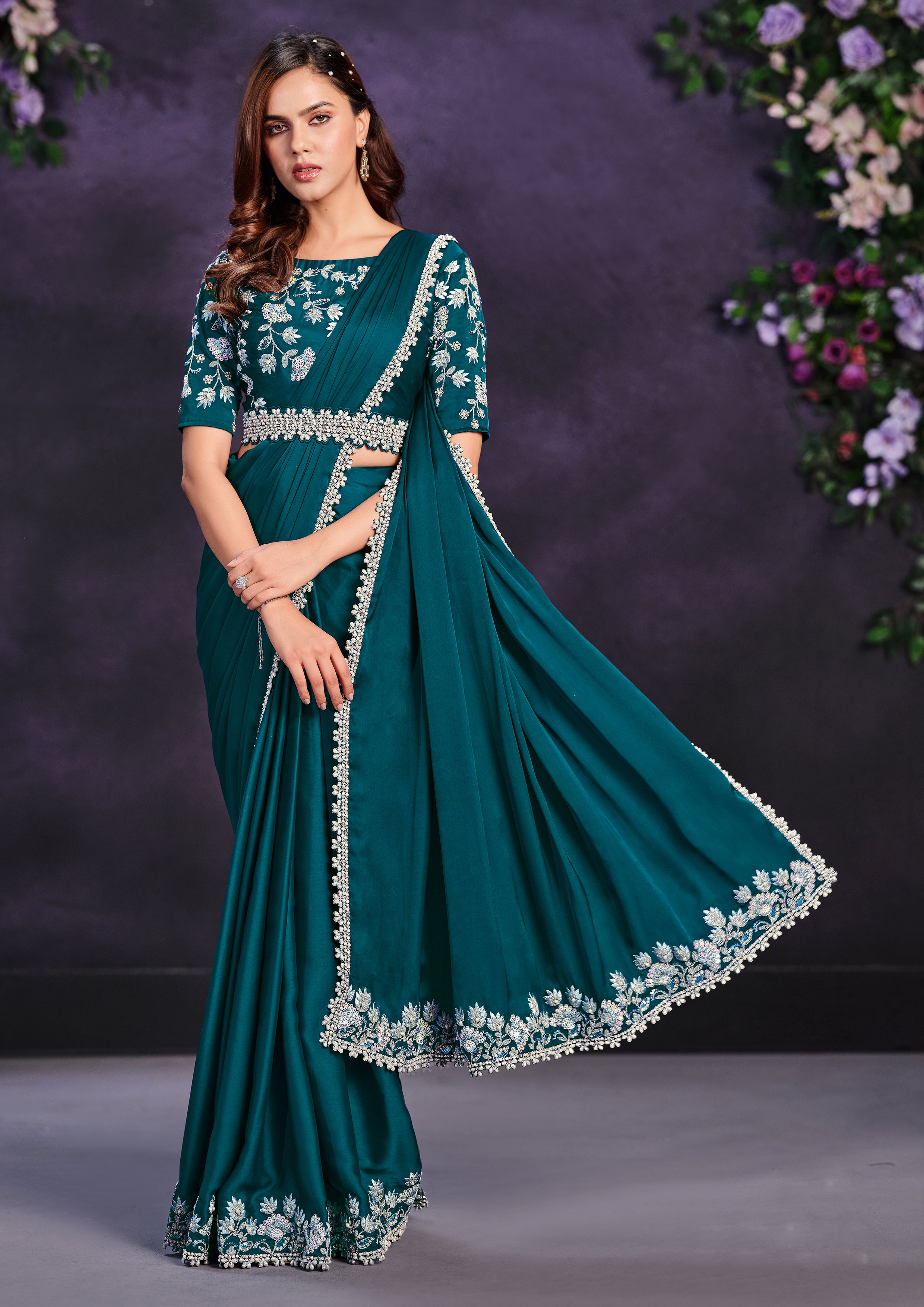 Teal Botanical Embellished Crepe Satin Silk Saree