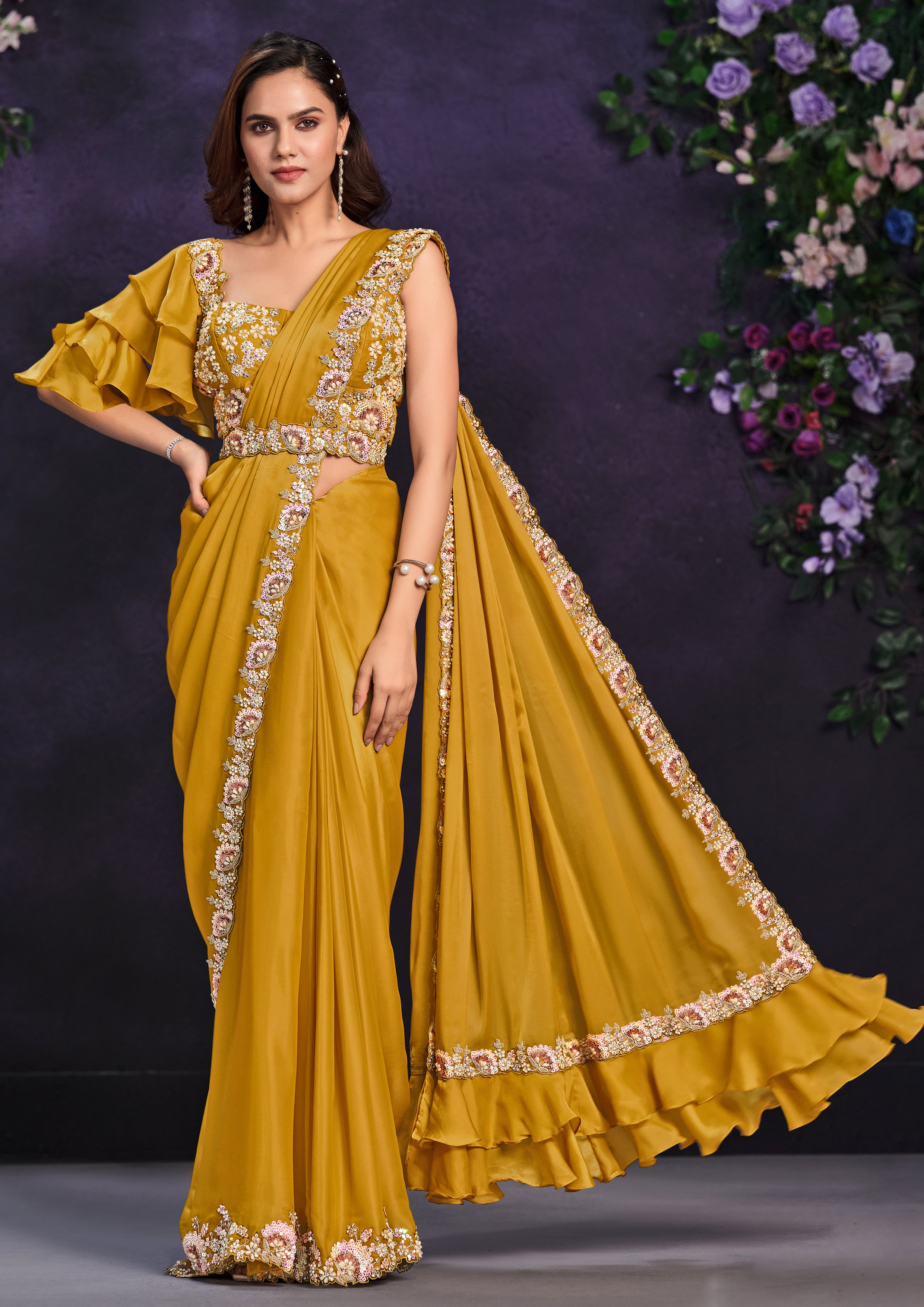 Mustard Ruffle Embellished Crepe Satin Silk Saree