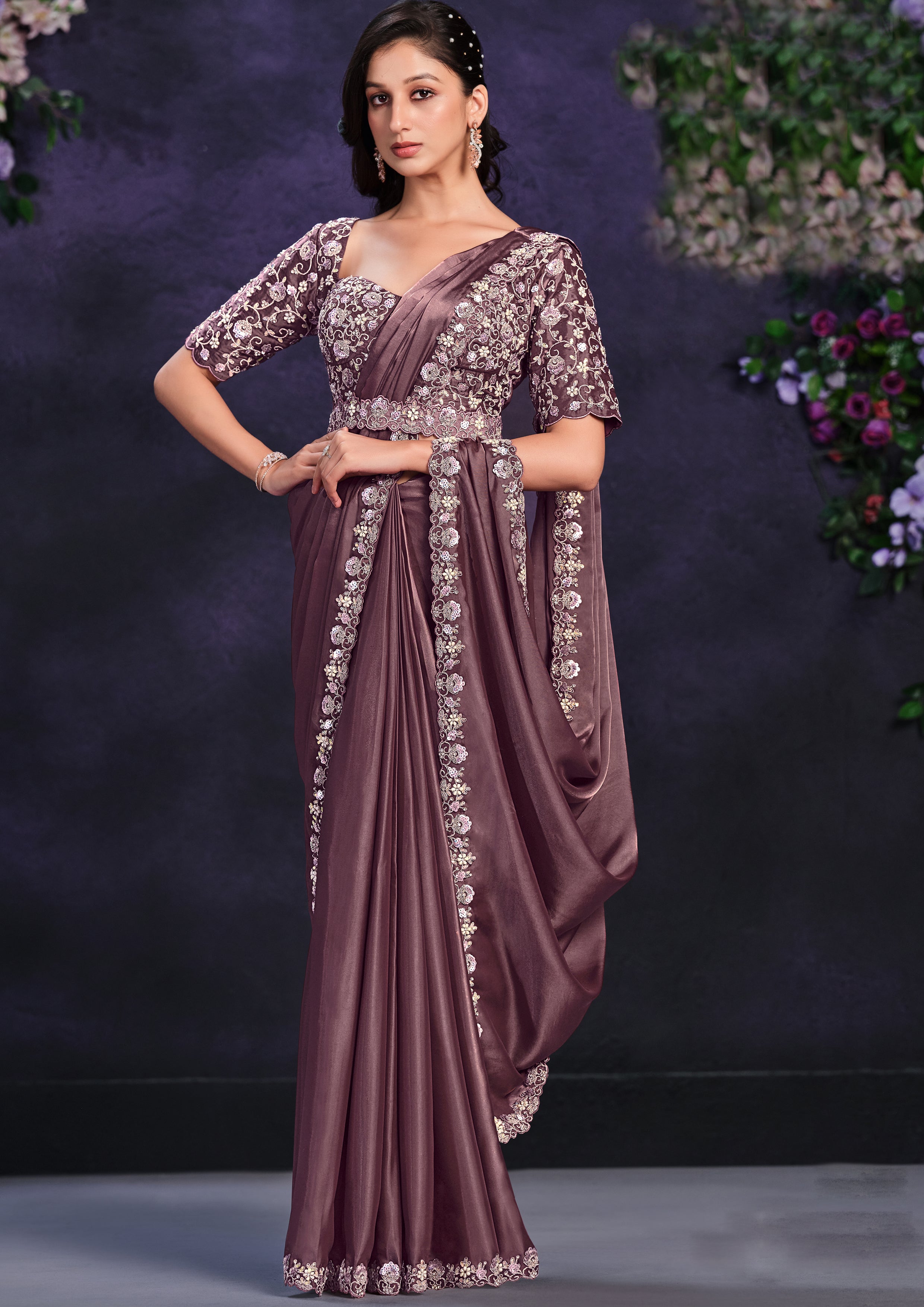 Muted Plum Embellished Crepe Satin Silk Saree