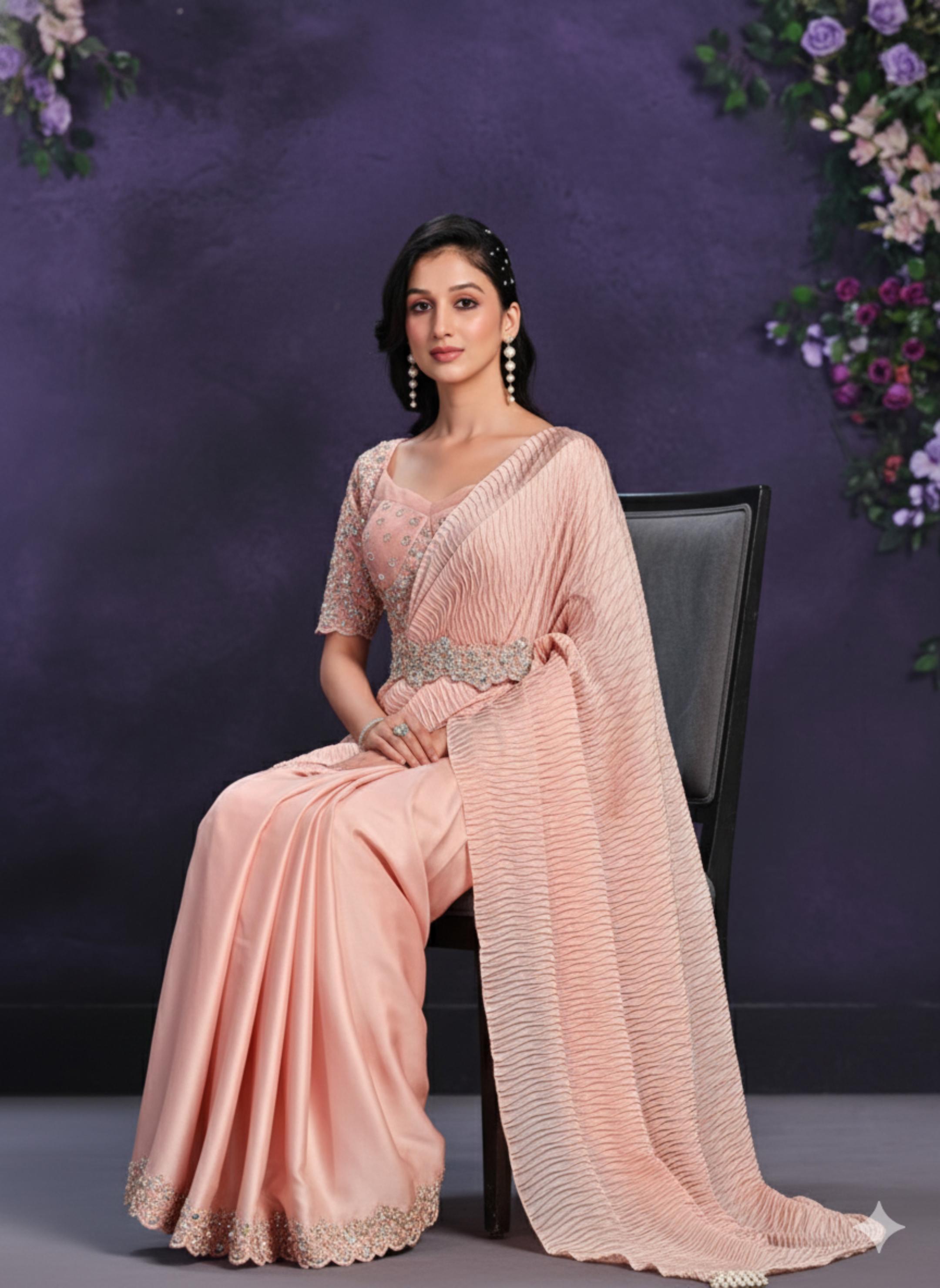 Peach Embellished Crape Satin Silk Saree